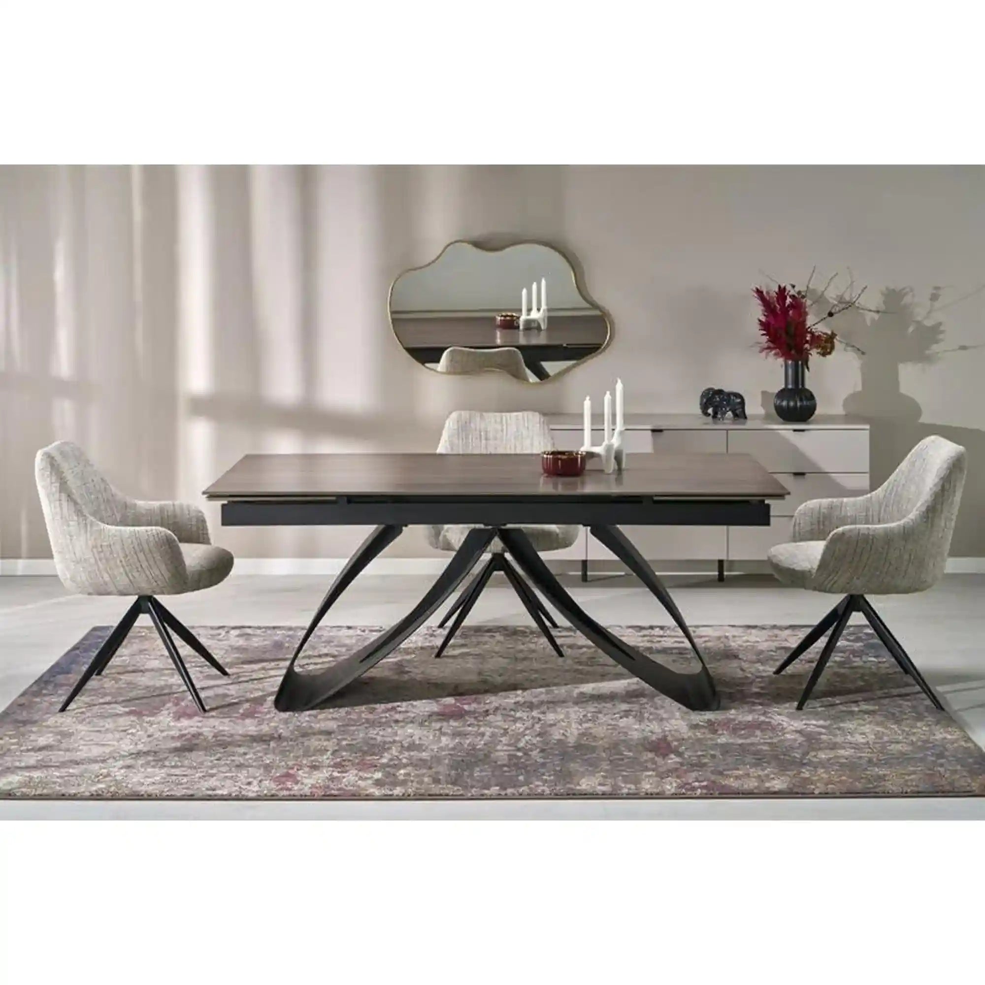 Masa extensibila HILARIO, nuc/negru, piatra sinterizata/otel, 180/260x90x75 cm