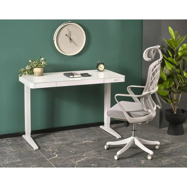 Birou B52, alb, sticla/metal, 120x60x77/120 cm