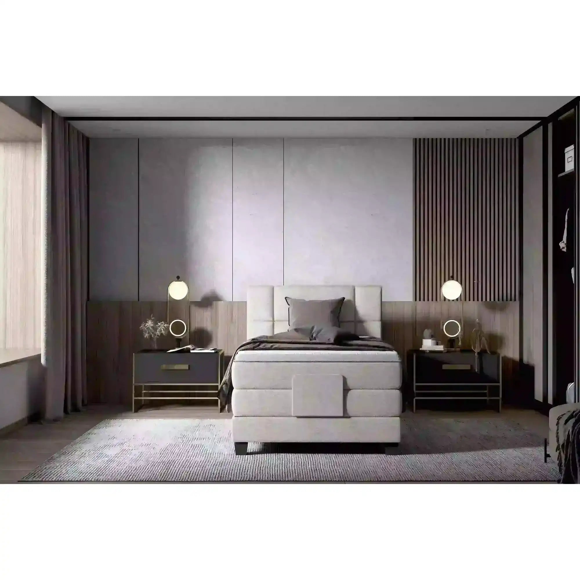 Pat boxspring REY 90x200, personalizabil materiale gama Oferta Avantaj, cu mecanism electric, saltele si topper