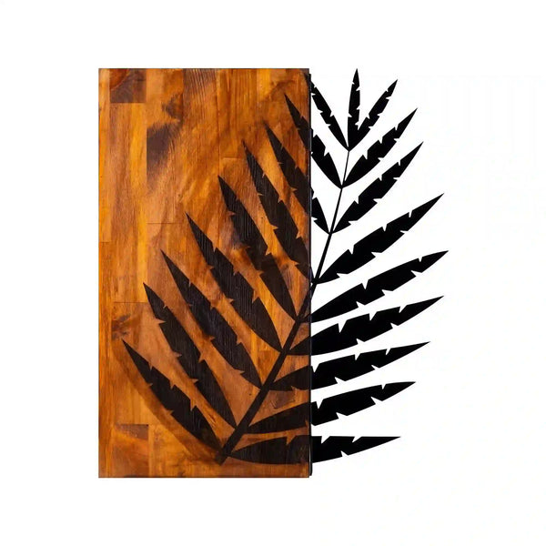 Decoratiune perete LEAF 3, nuc/negru, lemn/metal, 50x58 cm