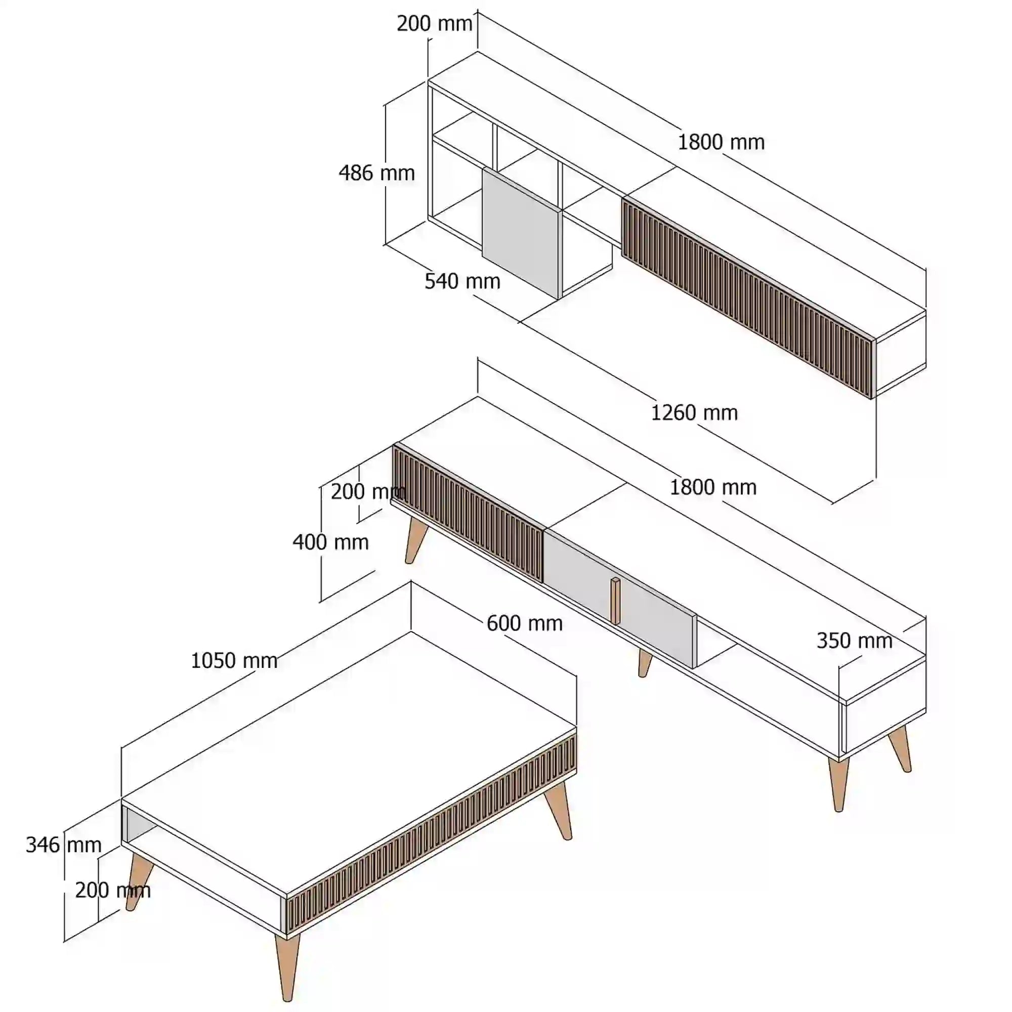 Mobilier living MILAN, efect de piatra travertin/nuc, PAL melaminat, 3 piese