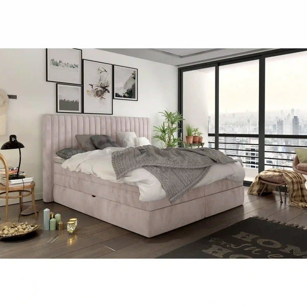 Pat boxspring MINOLA 160x200, personalizabil gama materiale Premium, cu saltele, topper si 2 lazi pentru depozitare