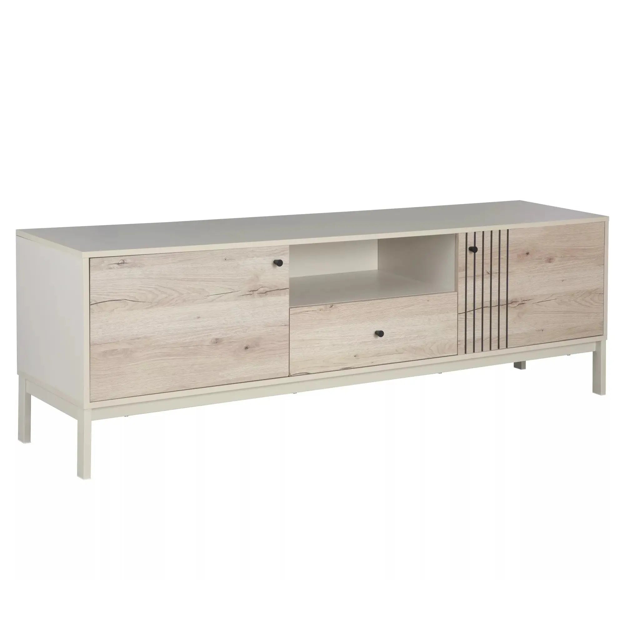 Comoda TV FROST 1, stejar alpin/alb, PAL/metal, 180x40x58 cm