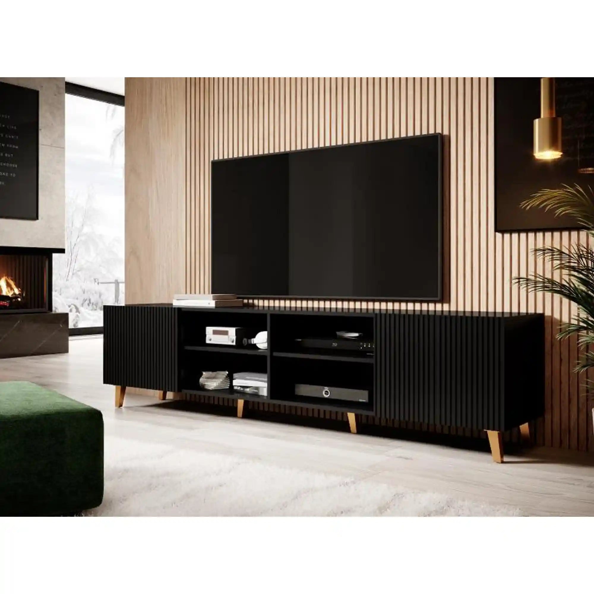 Comoda TV PAFOS, negru, PAL laminat, 200x40x52 cm
