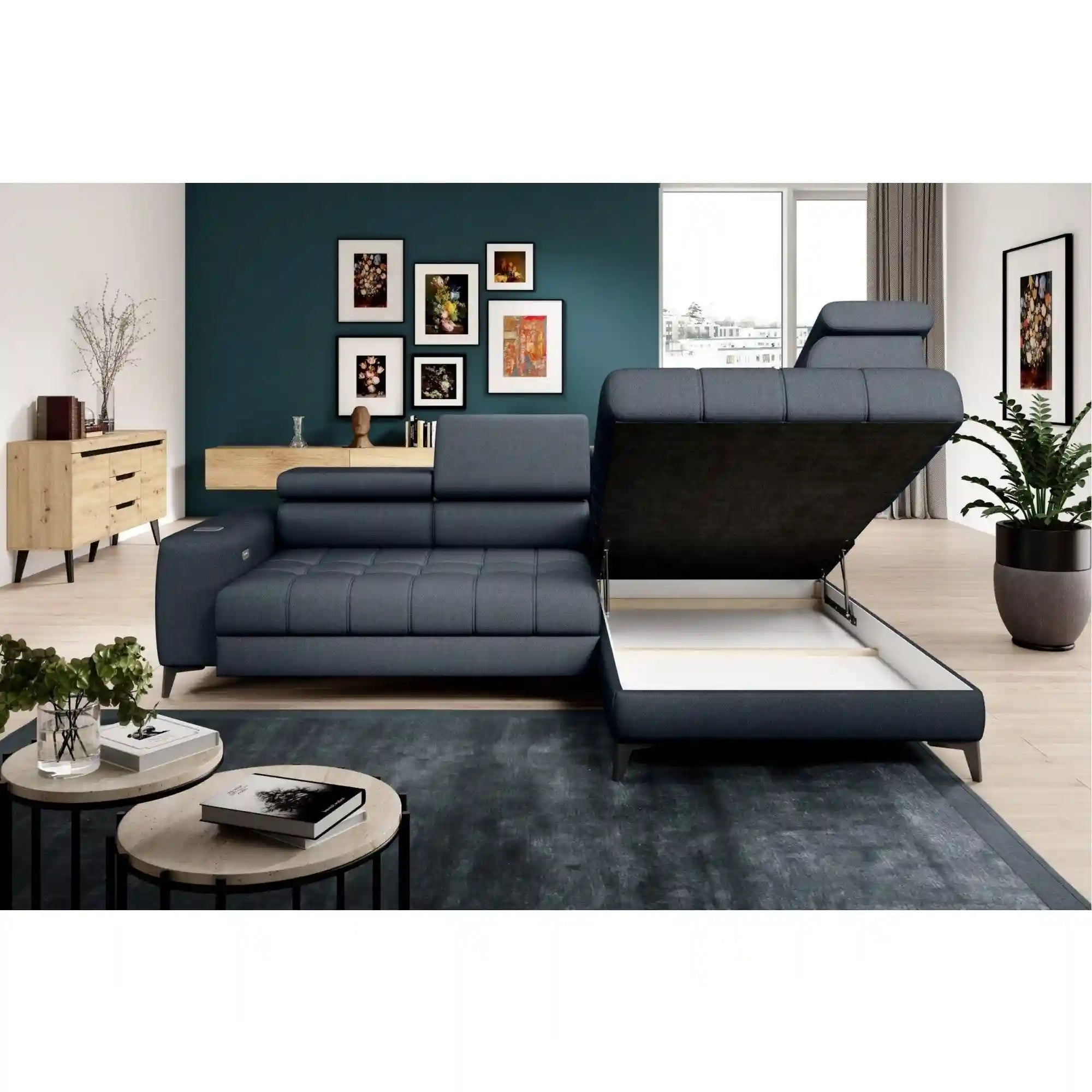 Coltar BAGGIO, sezlong dreapta, stofa clasica gri inchis - Austin 20, cu reglaj electric, incarcator wirelles, lada depozitare si tetiere reglabile, 280x196x100 cm