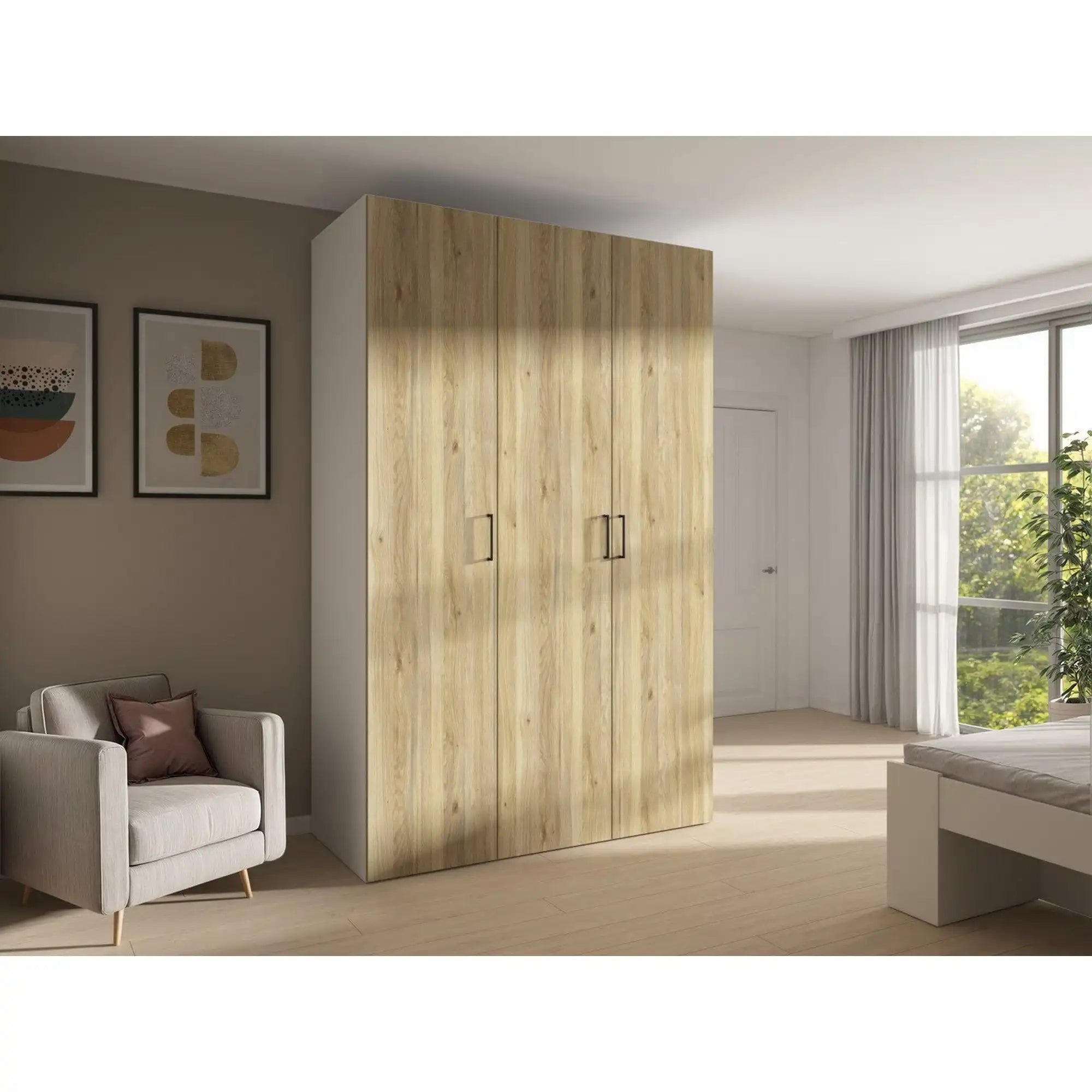 Dulap FLEX, alb/stejar, PAL, cu 3 usi, 150x66x240 cm