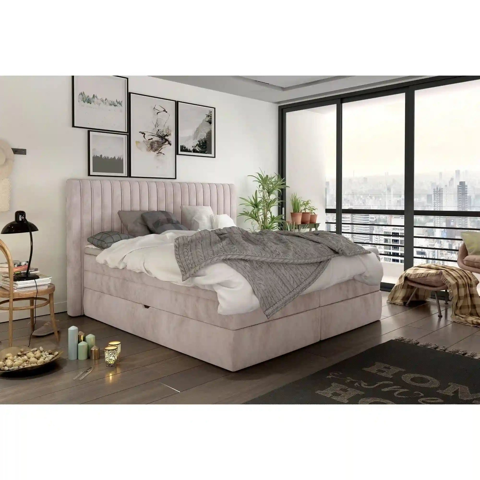 Pat boxspring MINOLA 160x200, stofa catifelata bej - Riviera 16, Gama Premium, cu saltele, topper si 2 lazi pentru depozitare