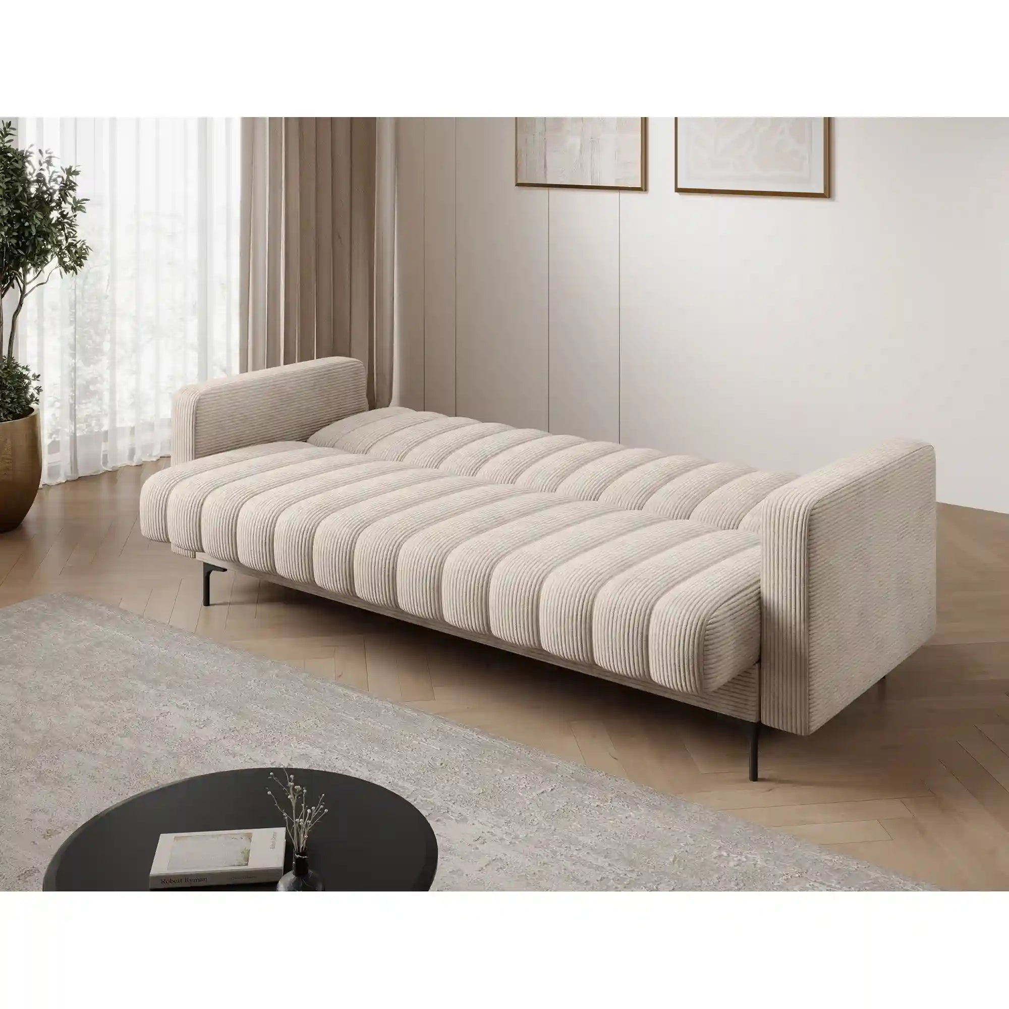 Canapea extensibila RONEYY, stofa catifelata bej - Jarell 18, cu spatiu depozitare, 212x89x86 cm