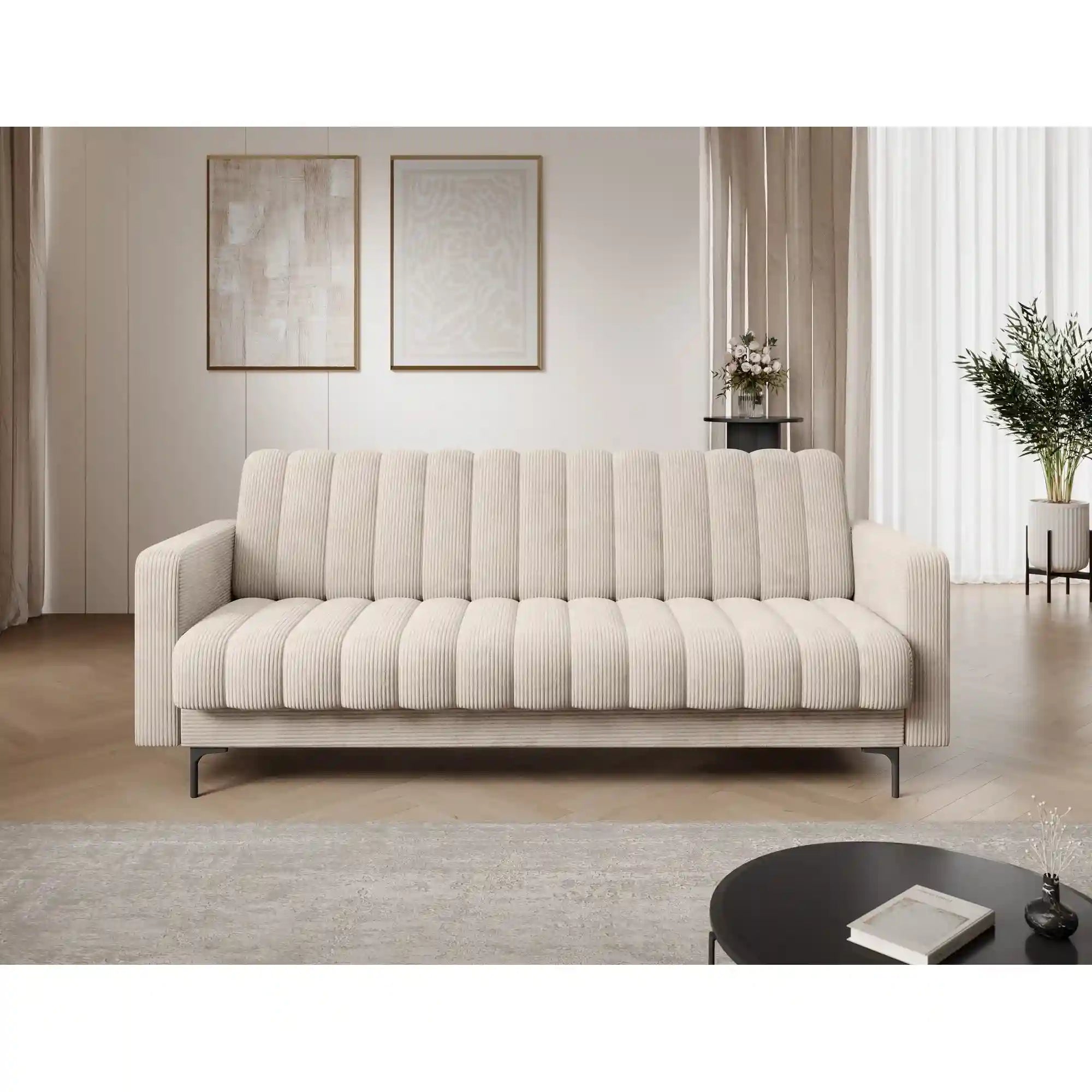 Canapea extensibila RONEYY, stofa catifelata bej - Jarell 18, cu spatiu depozitare, 212x89x86 cm