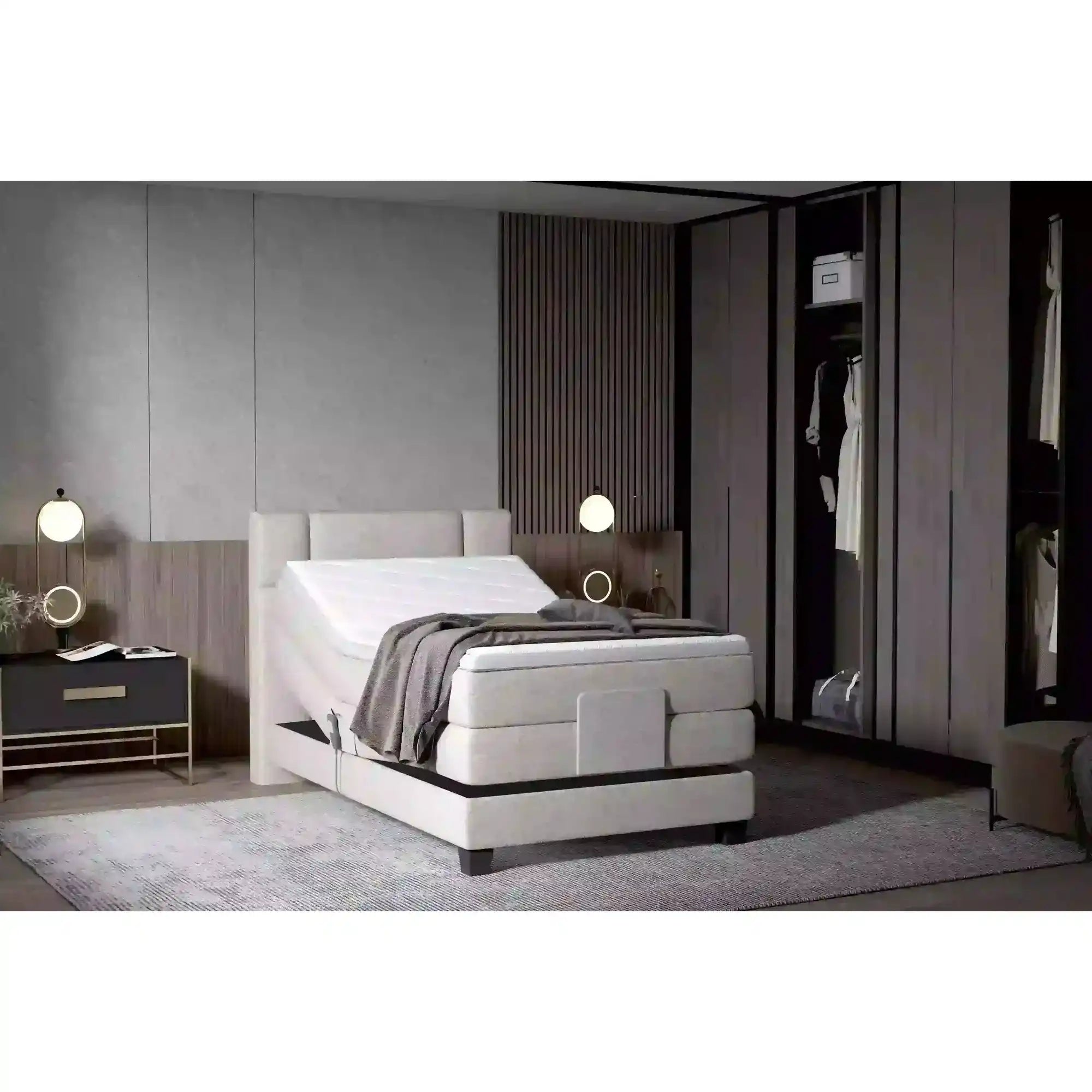 Pat boxspring REY 120x200, personalizabil materiale gama Oferta Avantaj, cu mecanism electric, saltele si topper