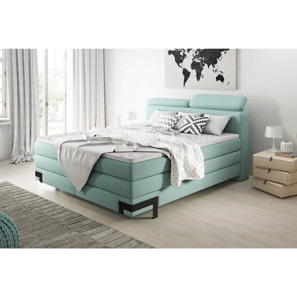 Pat boxspring KANO 160x200, personalizabil materiale gama Premium, cu saltea, topper, tetiere reglabile si 2 spatii pentru depozitare