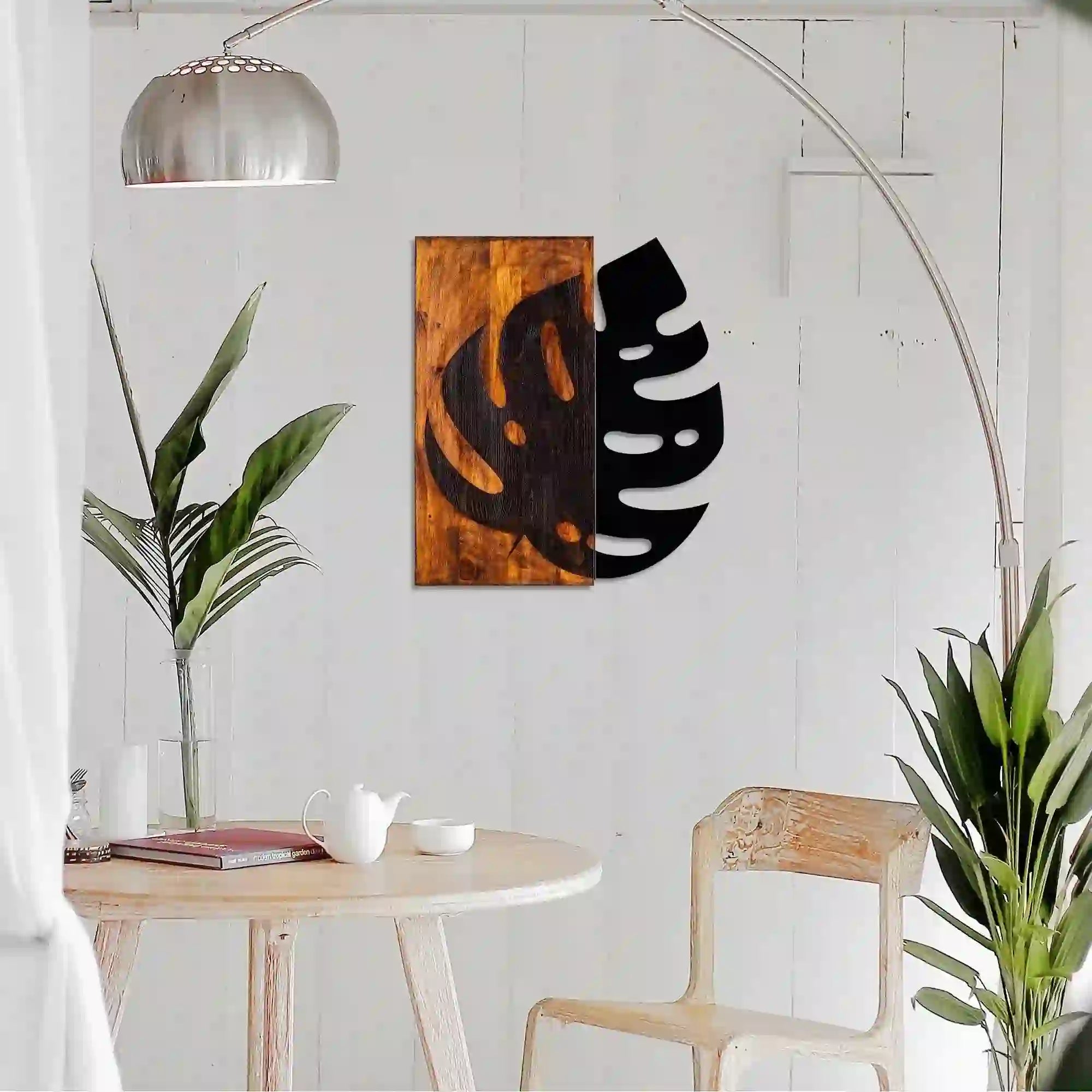 Decoratiune perete LEAF 2, nuc/negru, lemn/metal, 52x58 cm