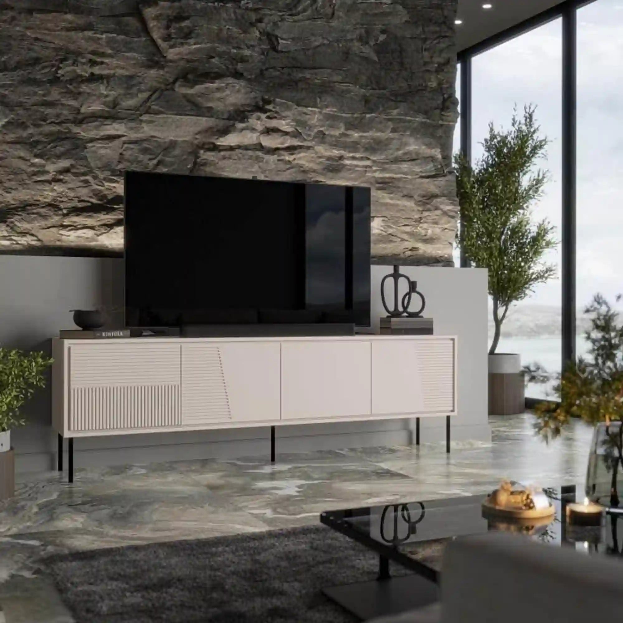Comoda TV ABI, bej/negru, PAL laminat/metal, 200x38x62 cm
