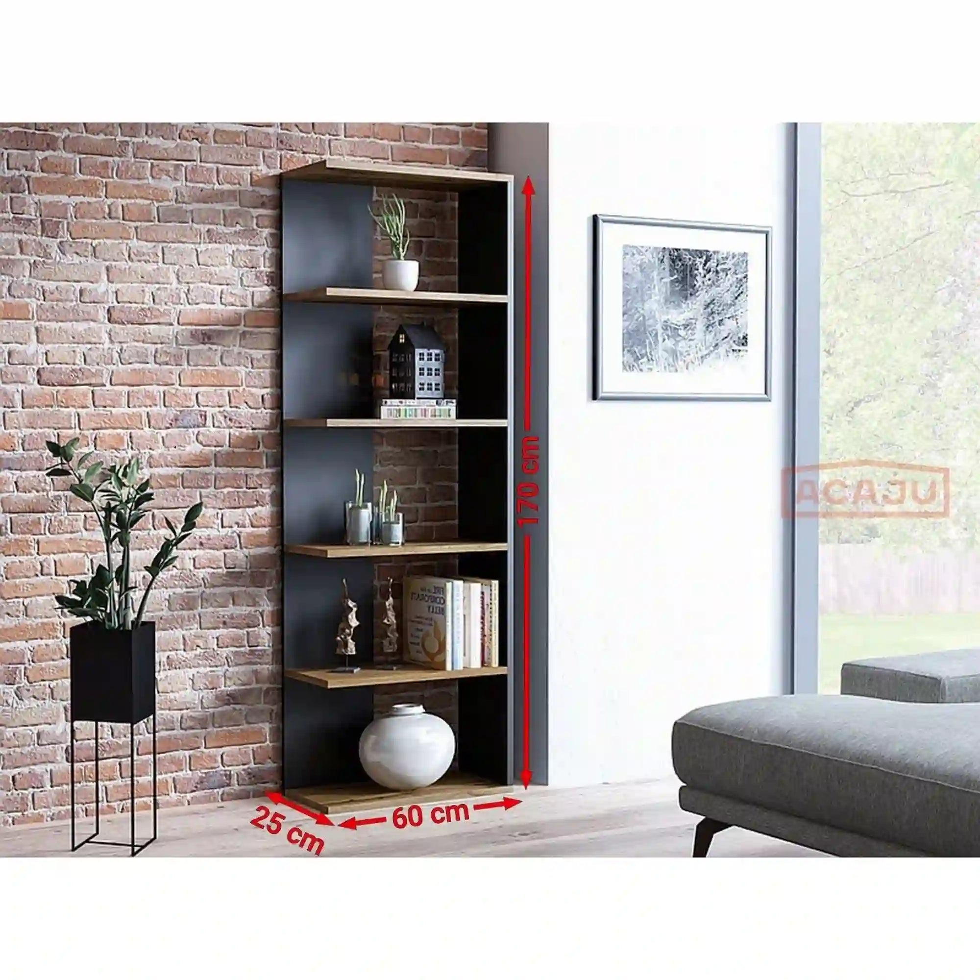 Biblioteca CORNER, negru/stejar wotan, PAL, 60x25x170 cm