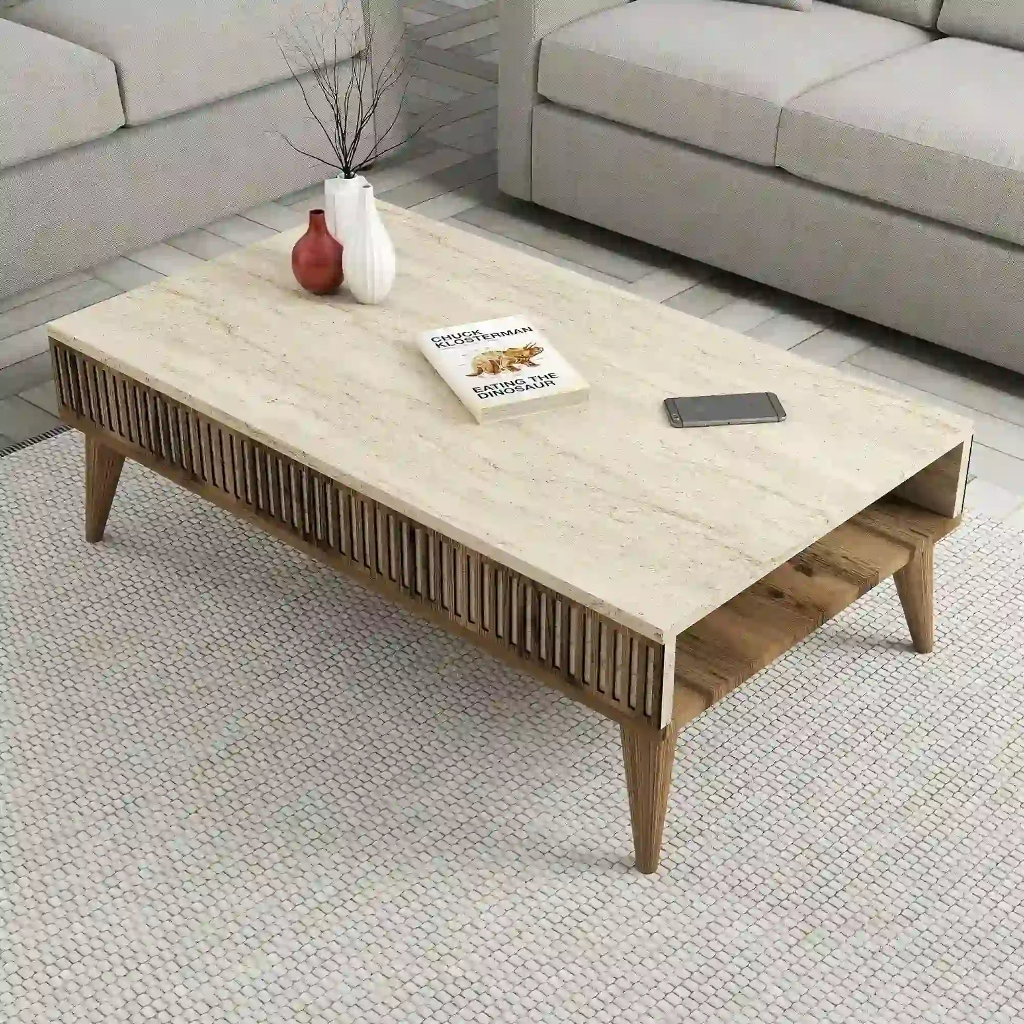 Mobilier living MILAN, efect de piatra travertin/nuc, PAL melaminat, 3 piese