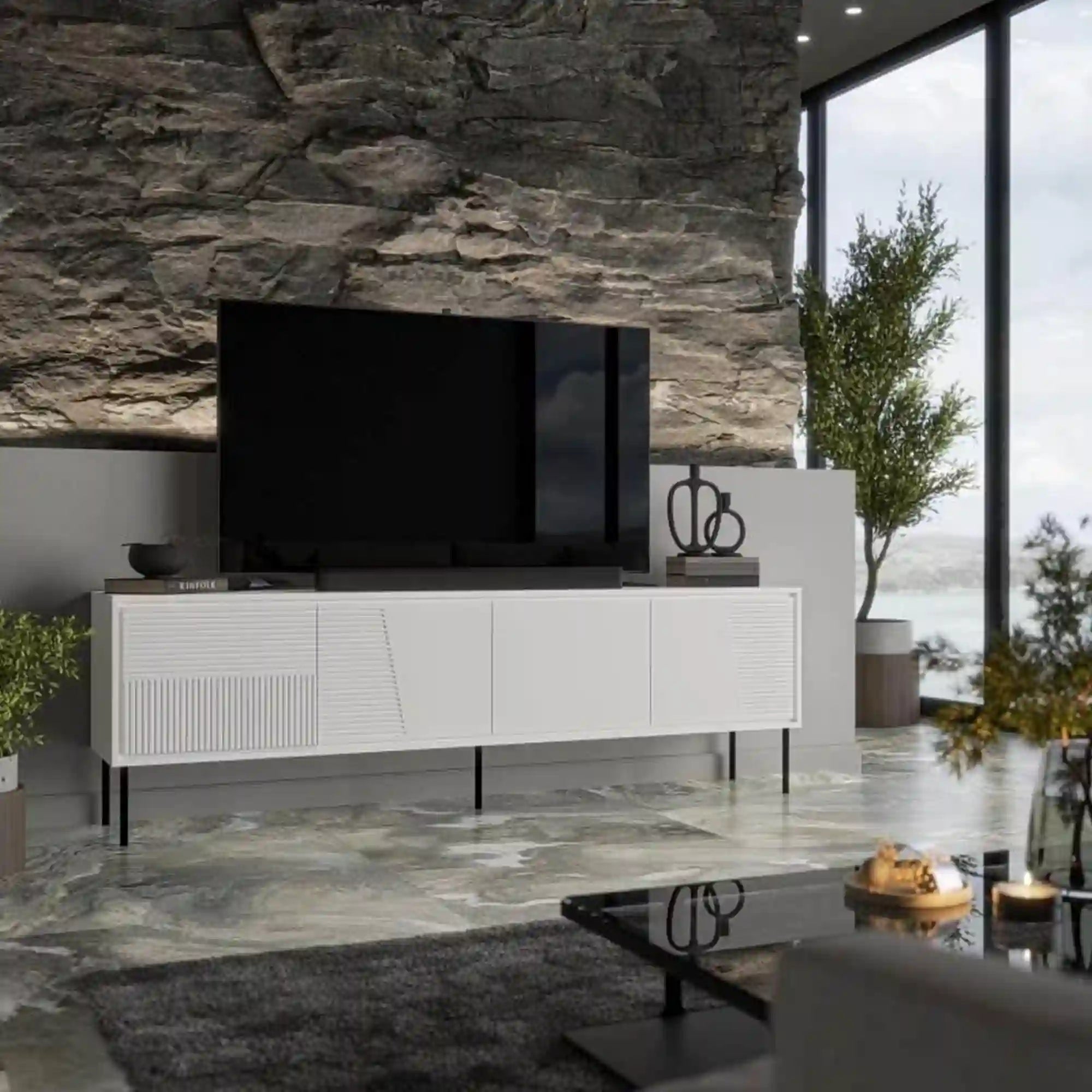 Comoda TV ABI, alb/negru, PAL laminat/metal, 200x38x62 cm