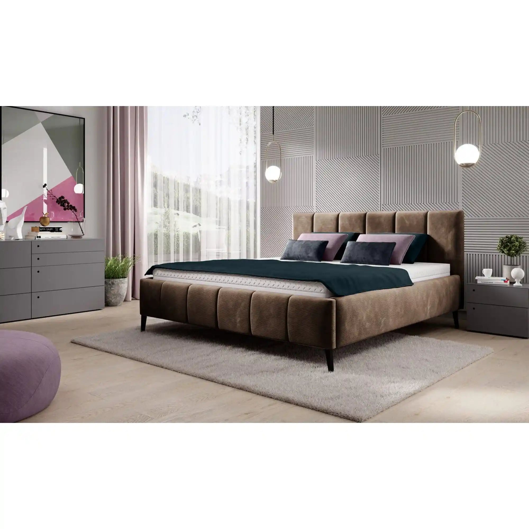 Pat RIVA SR 160x200 stofa catifelata maro - Monolith 15, cu suport saltea si sistem de reglare