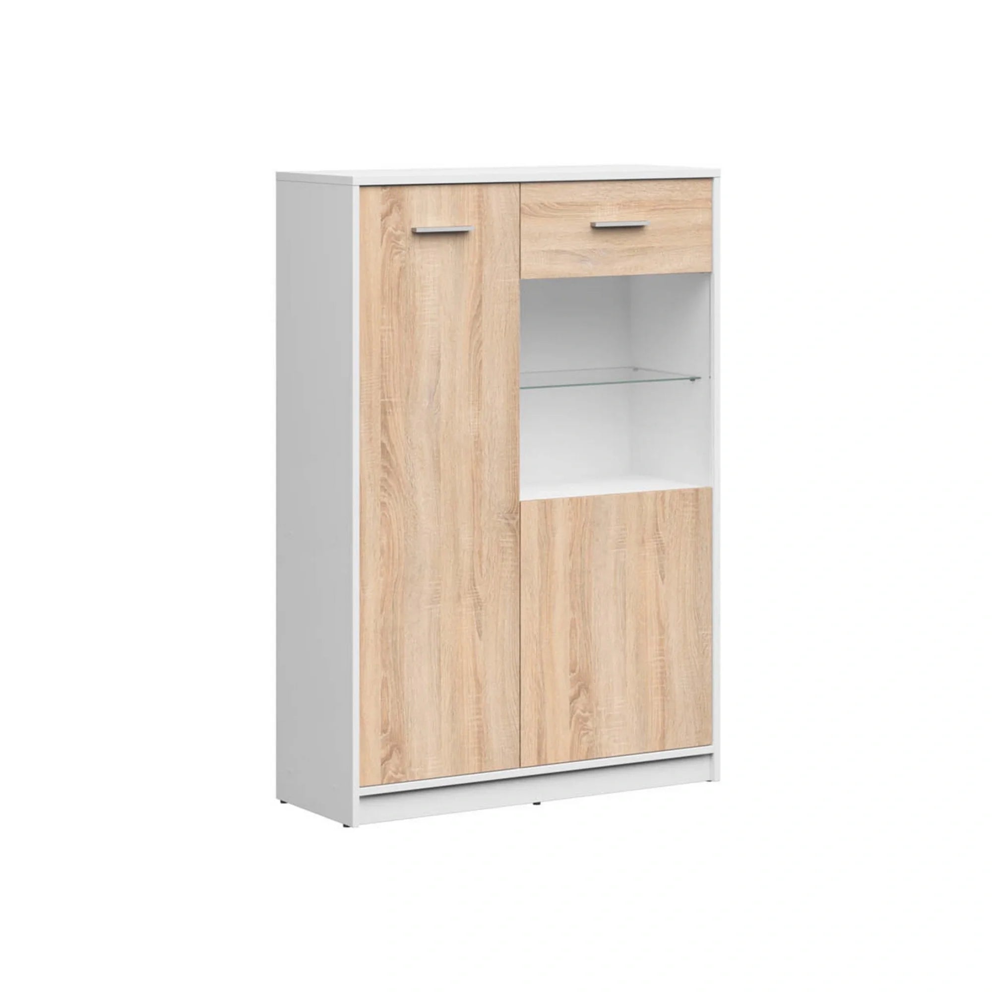 Vitrina NEPO PLUS, stejar sonoma/alb, PAL laminat/sticla, 90x34x132 cm