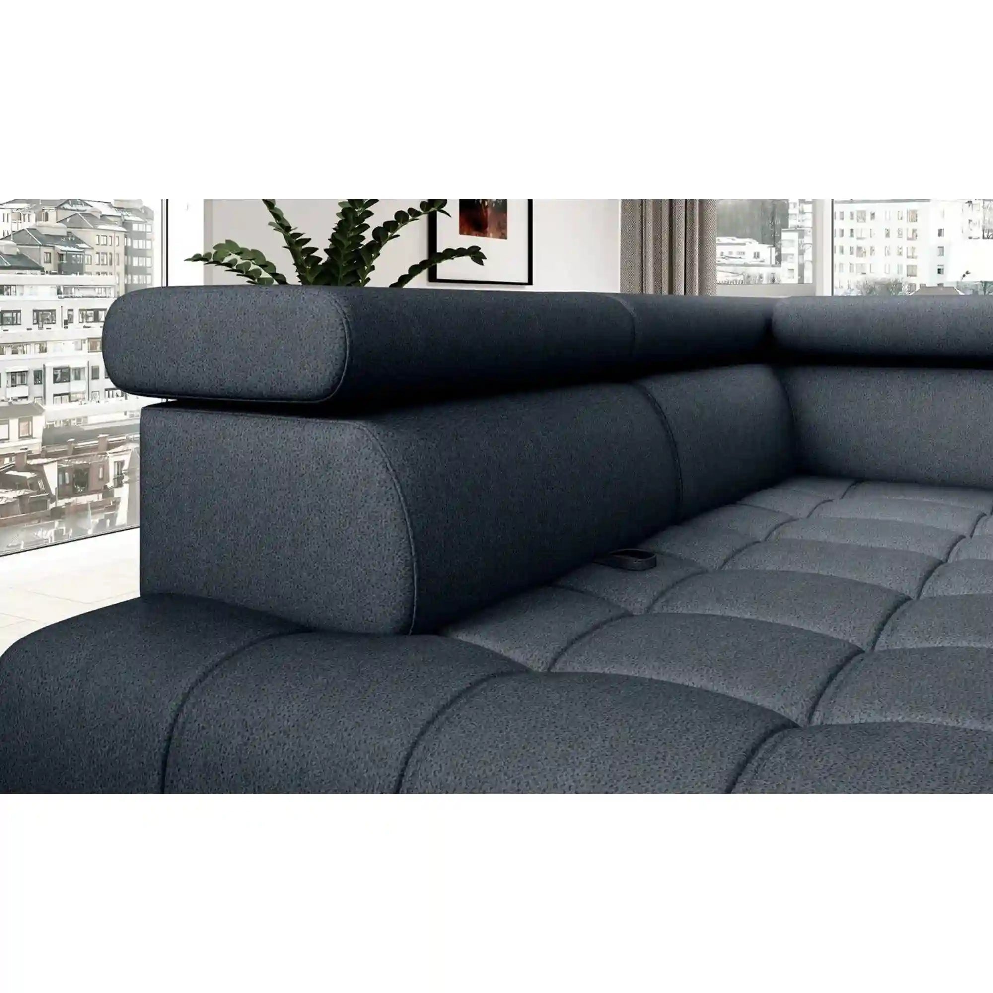 Coltar BAGGIO, sezlong dreapta, stofa catifelata mov lila - Monolith 62, cu reglaj electric, lada depozitare, incarcator wireless si tetiere reglabile, 280x196x100 cm