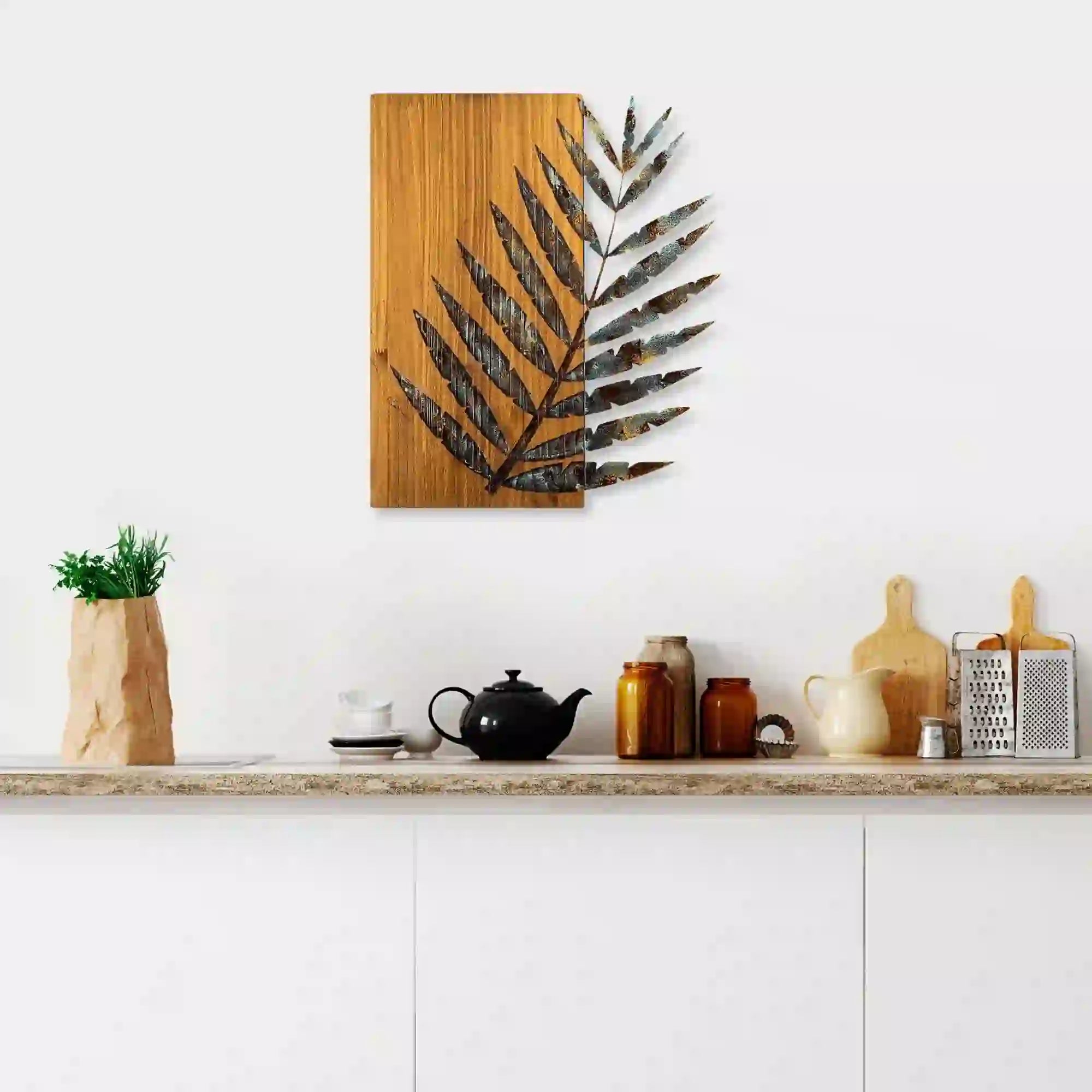 Decoratiune perete LEAF 3-1, stejar/maro/auriu, metal/lemn, 58x3x50 cm