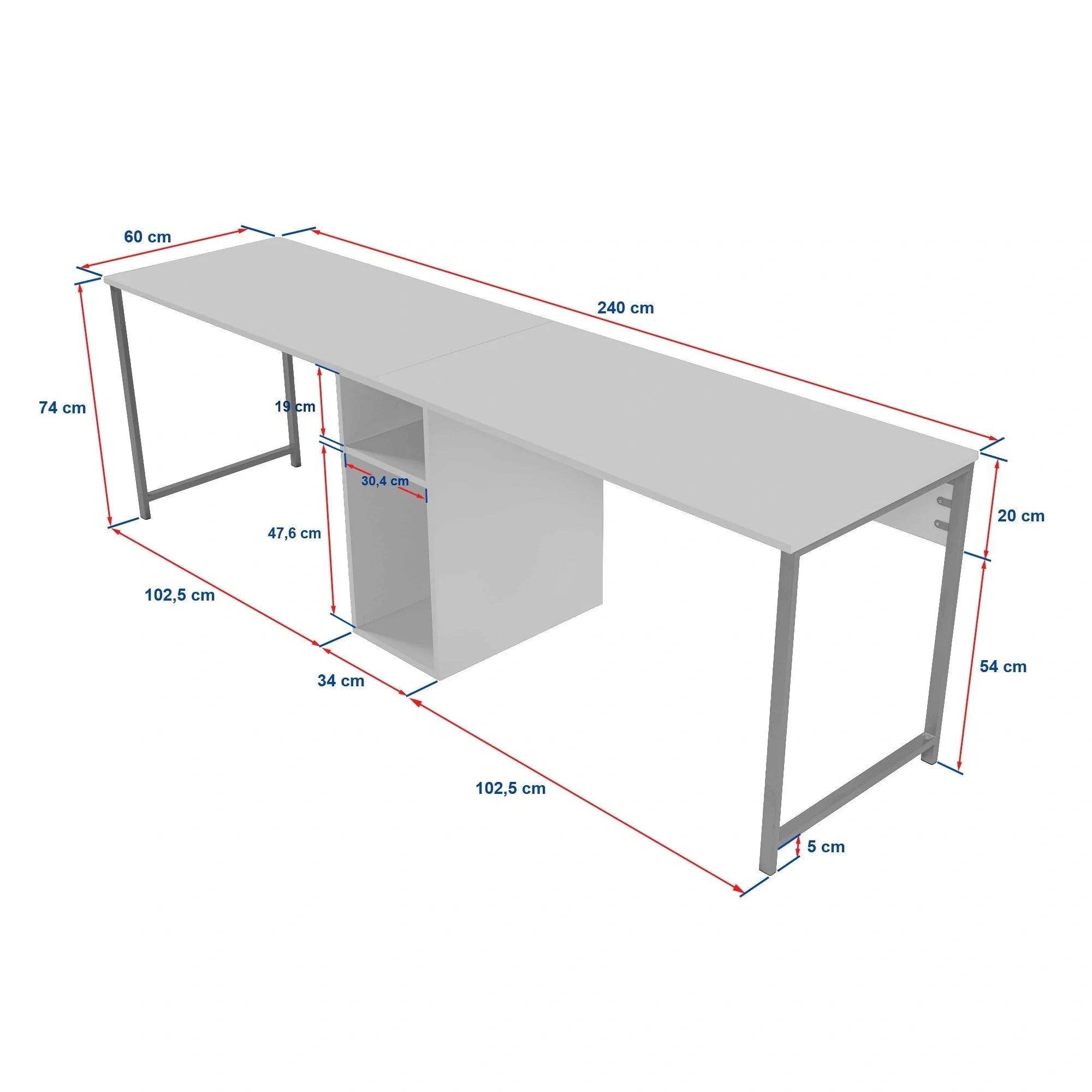 Birou TWIN, gri antracit/negru, PAL melaminat/metal, 240x60x74 cm