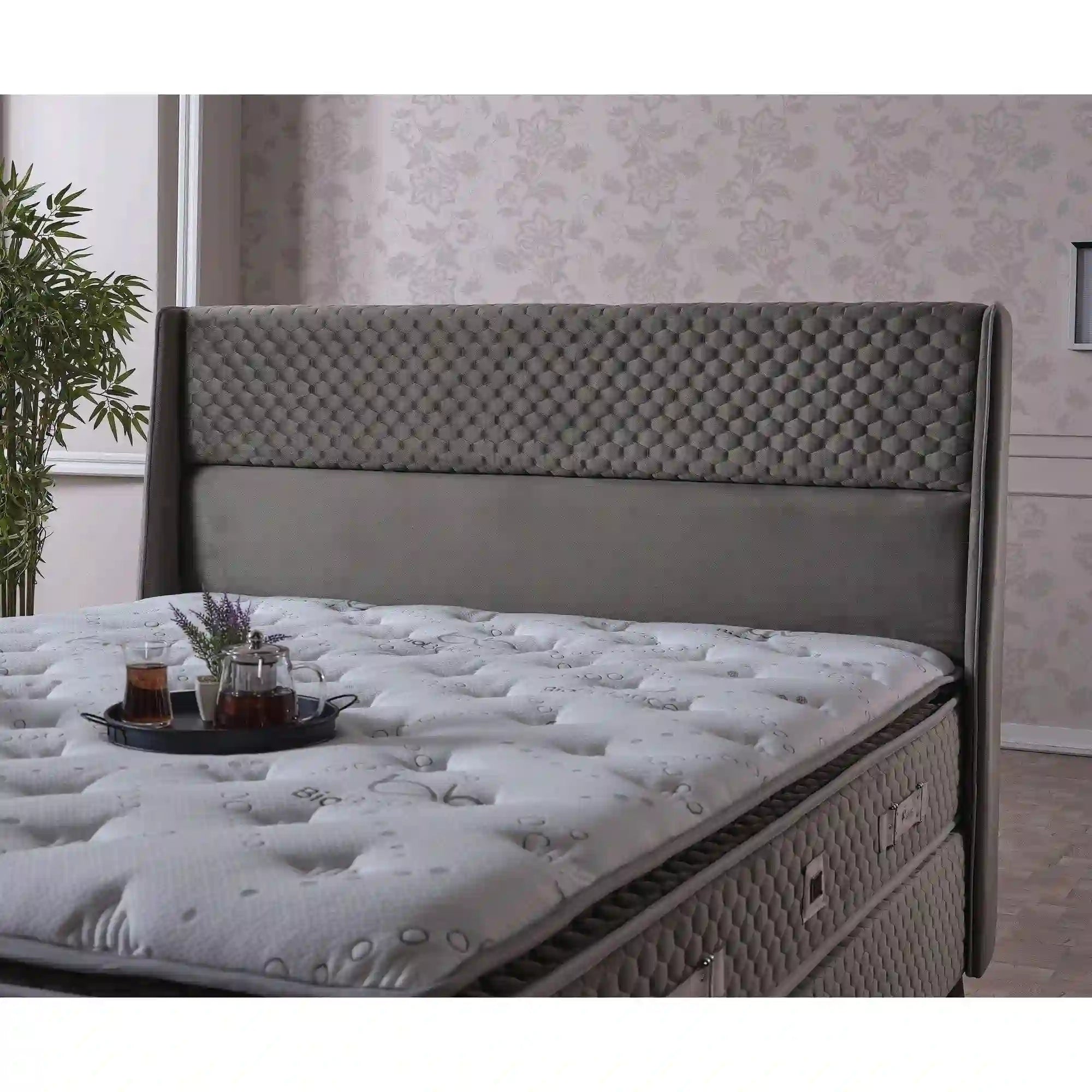 Pat BIO BALANCE 120x200, stofa catifelata gri - Zen Z1188, cu somiera si spatiu depozitare
