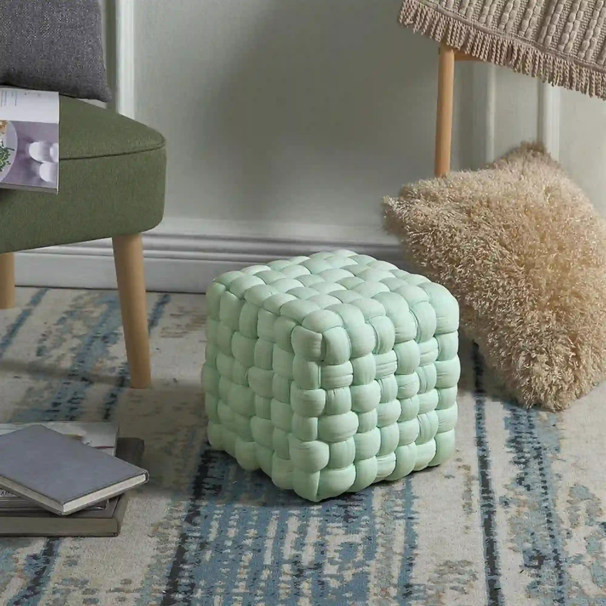 Taburet RUBIK, stofa verde deschis, 35x35x35 cm
