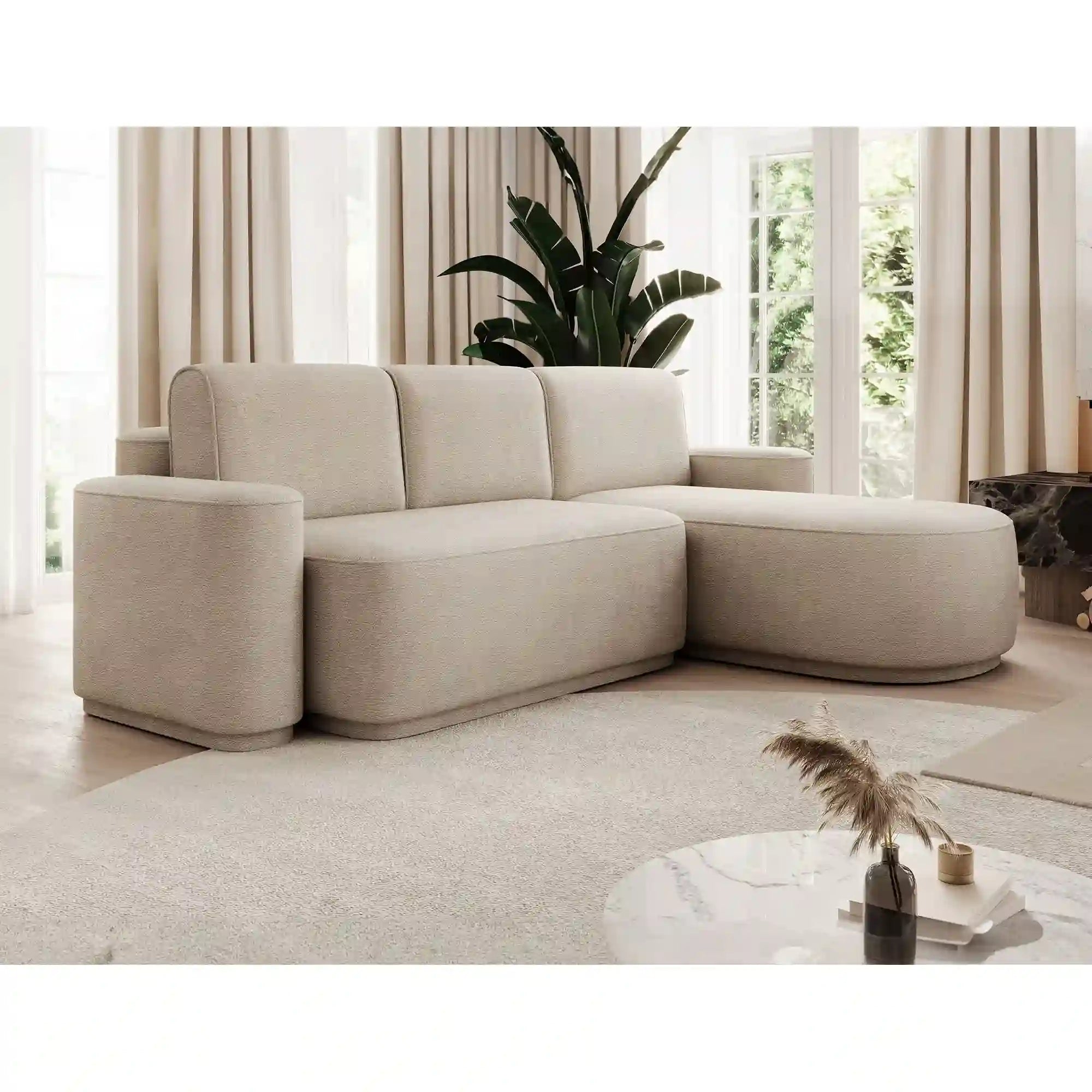 Coltar extensibil AURUMM, sezlong dreapta, stofa catifelata bej - Touch 18, cu lada depozitare, 285x180x92 cm