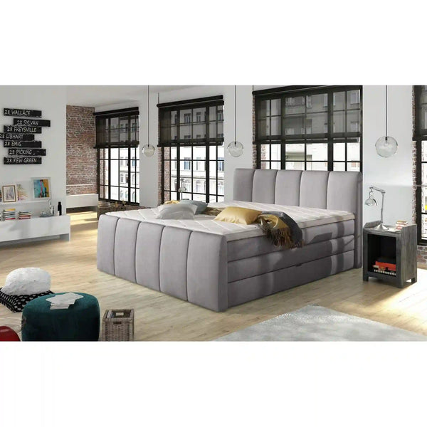 Pat boxspring FRESCO 180x200, personalizabil materiale gama Premium, cu saltele, topper si 2 lazi pentru depozitare