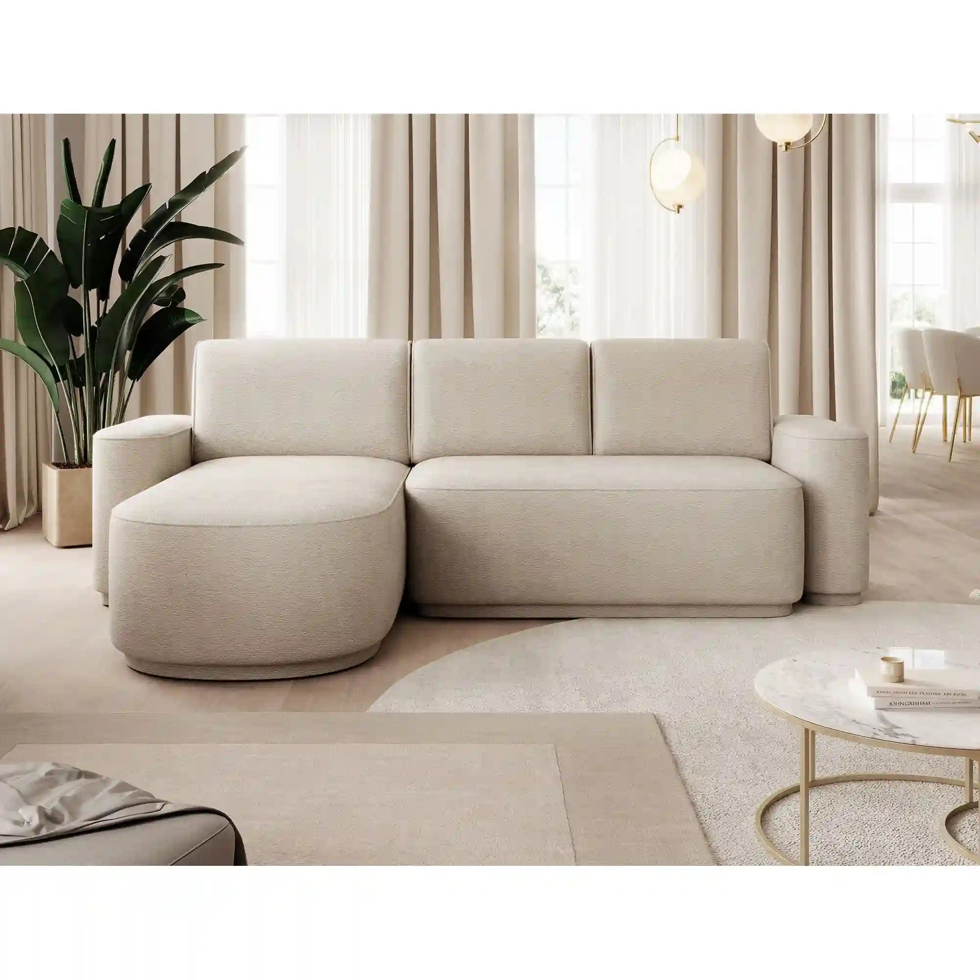 Coltar extensibil AURUMM, sezlong stanga, stofa catifelata bej - Touch 18, cu lada depozitare, 285x180x92 cm
