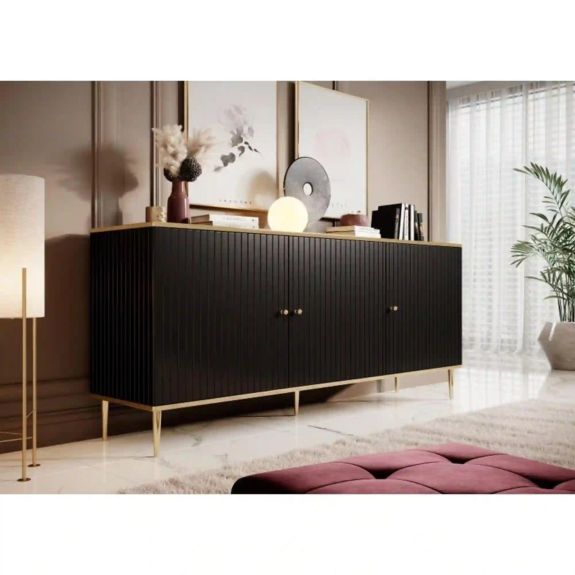 Comoda GLAMOUR, negru/auriu, PAL laminat, 180x40x76 cm