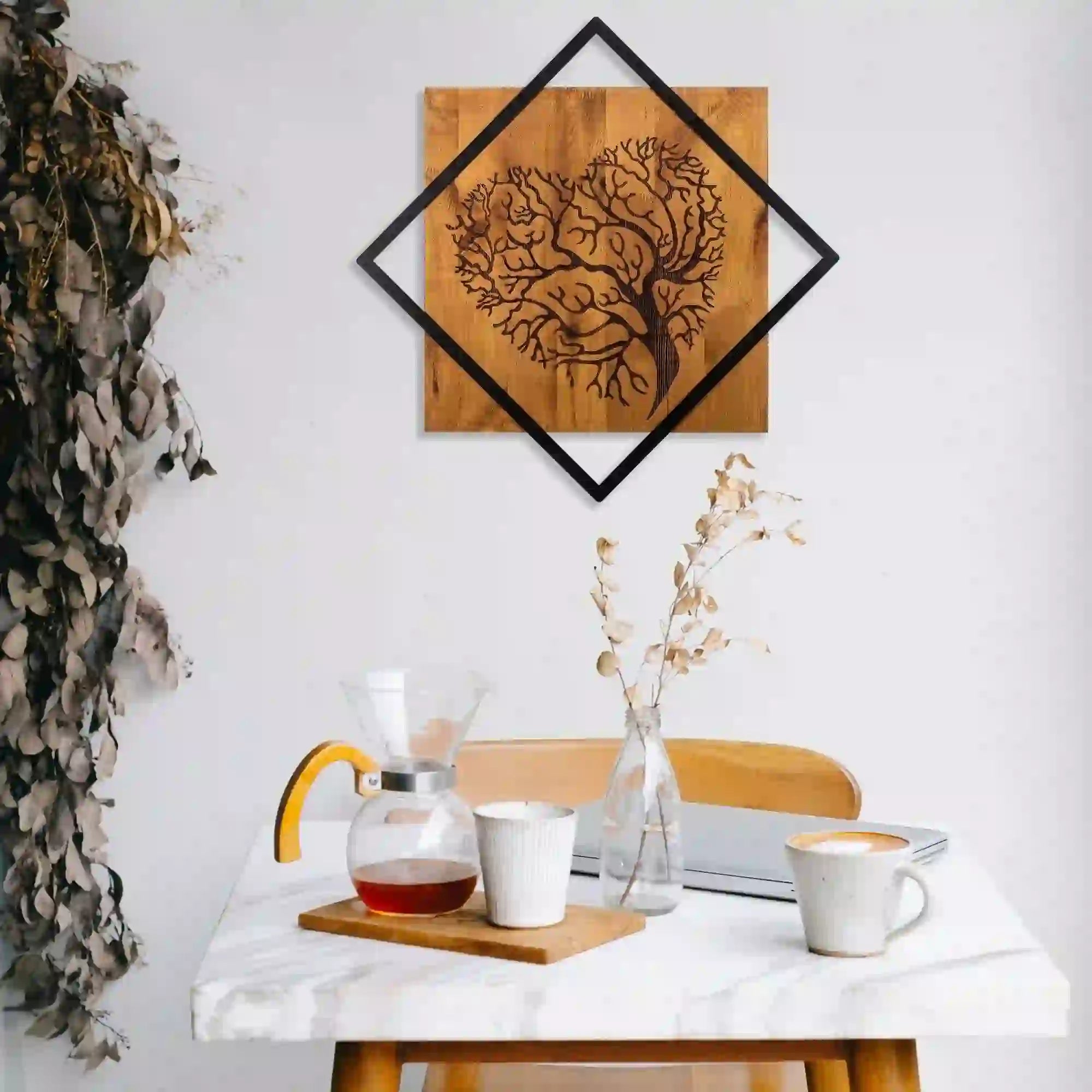 Decoratiune perete TREE 2, nuc/negru, lemn/metal, 54x54 cm