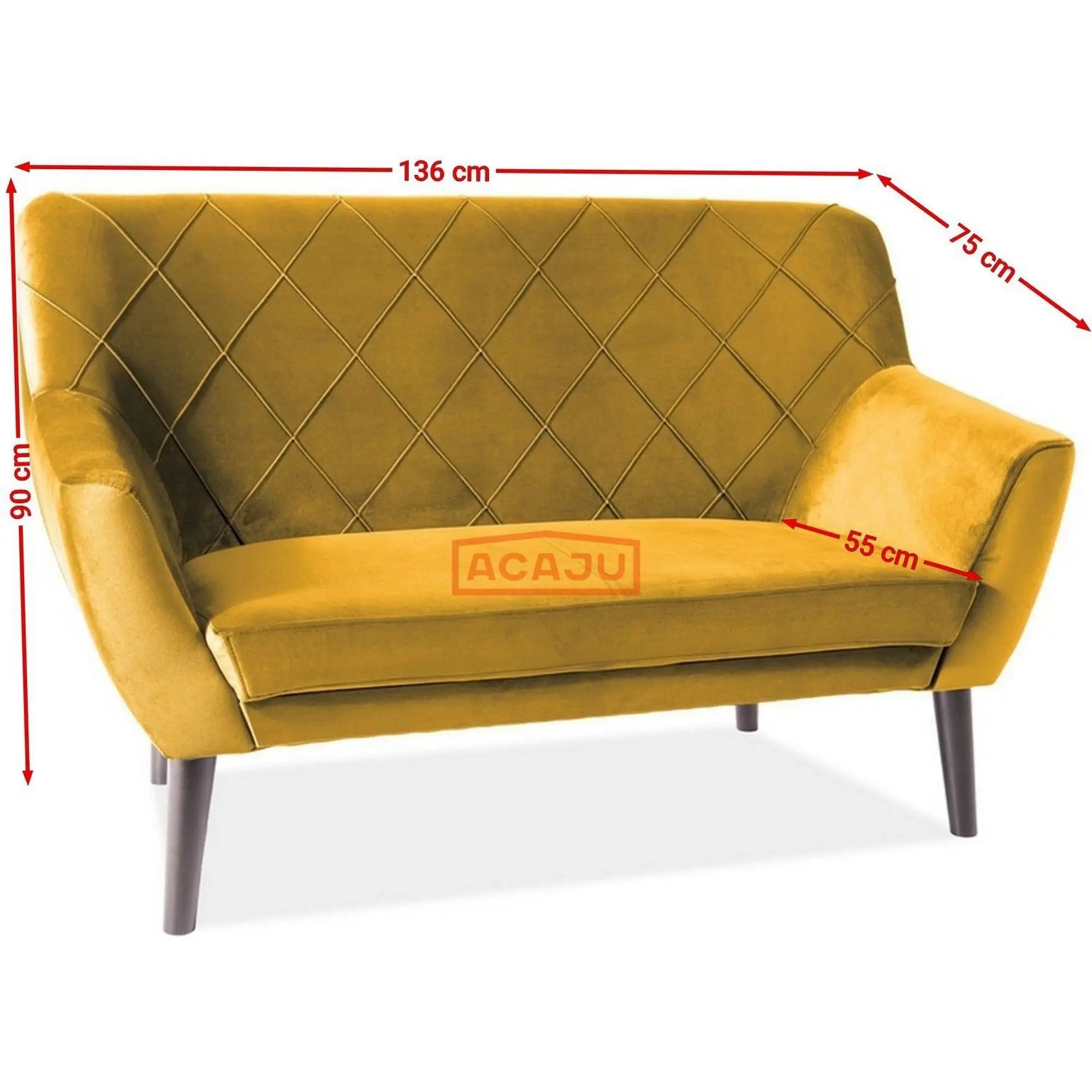 Canapea KIER 2, galbena/fag, stofa catifelata/lemn, 136x75x90 cm