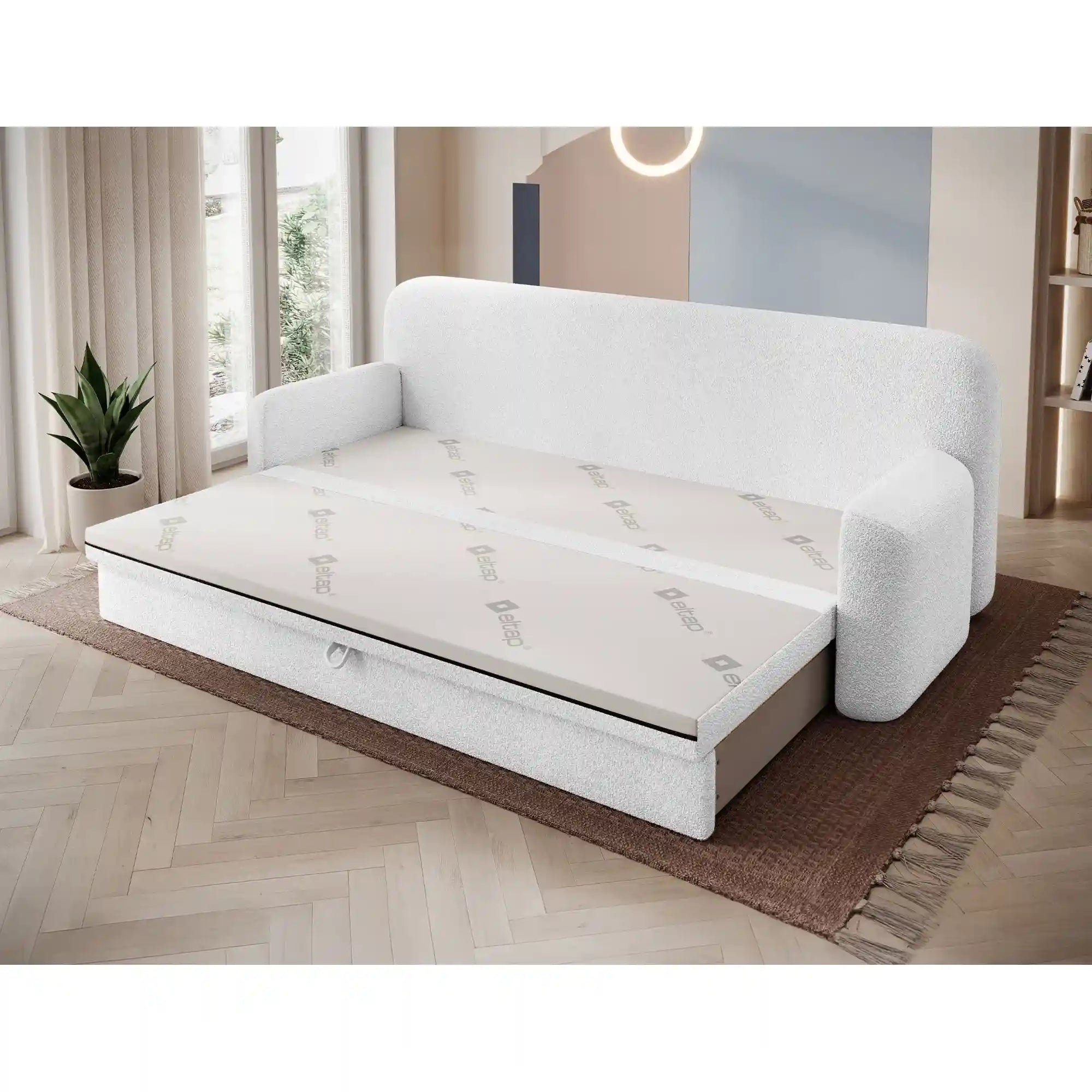 Canapea extensibila ELIOSS, stofa clasica alb - Royal 01, cu spatiu depozitare, 236x89x87 cm