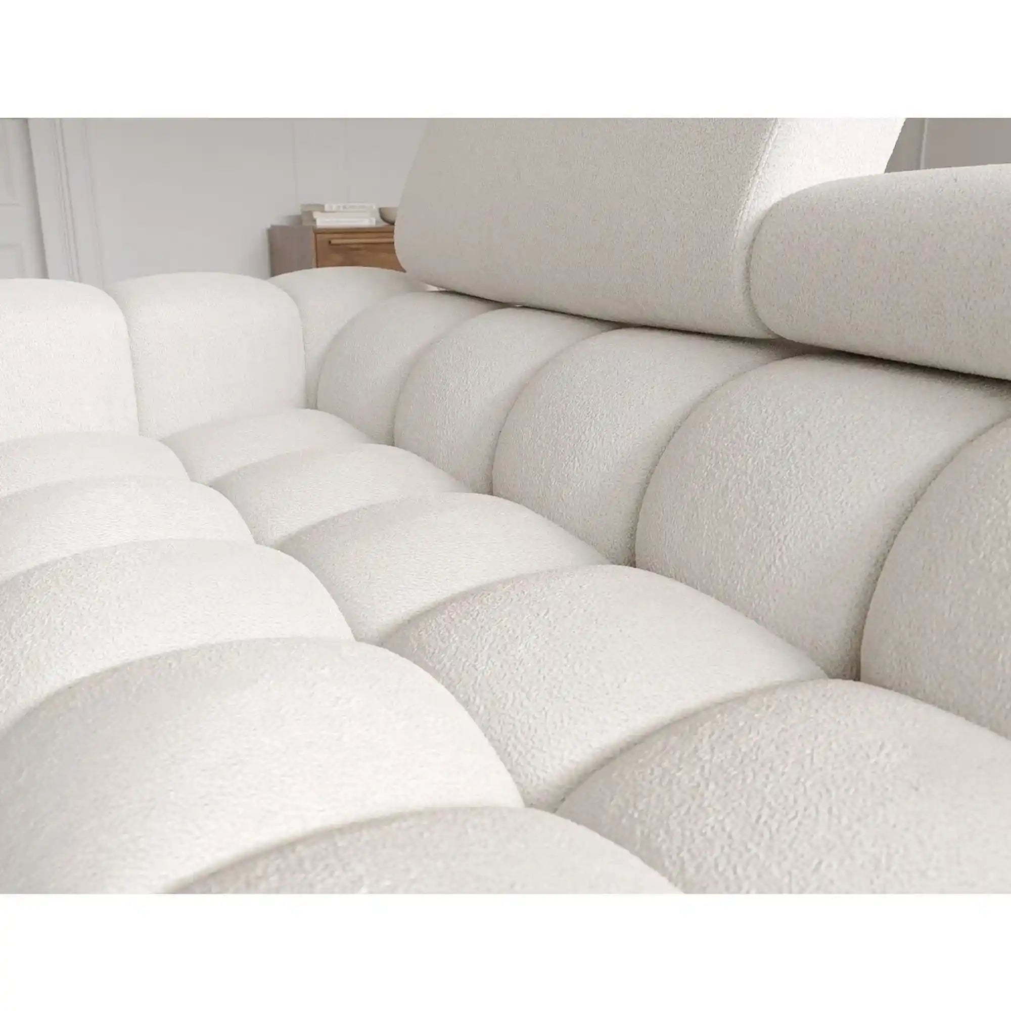Coltar extensibil FELRO, sezlong stanga, stofa clasica alb - Royal 01, cu lada de depozitare si tetiere reglabile, 285x181x93 cm