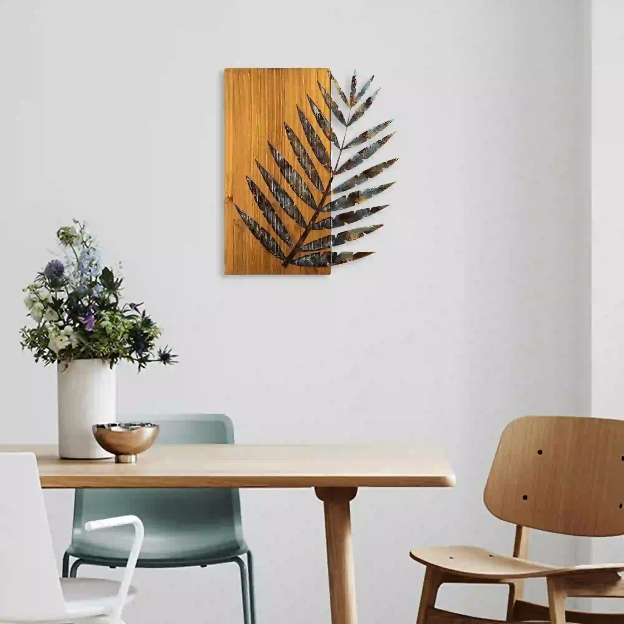 Decoratiune perete LEAF 3-1, stejar/maro/auriu, metal/lemn, 58x3x50 cm