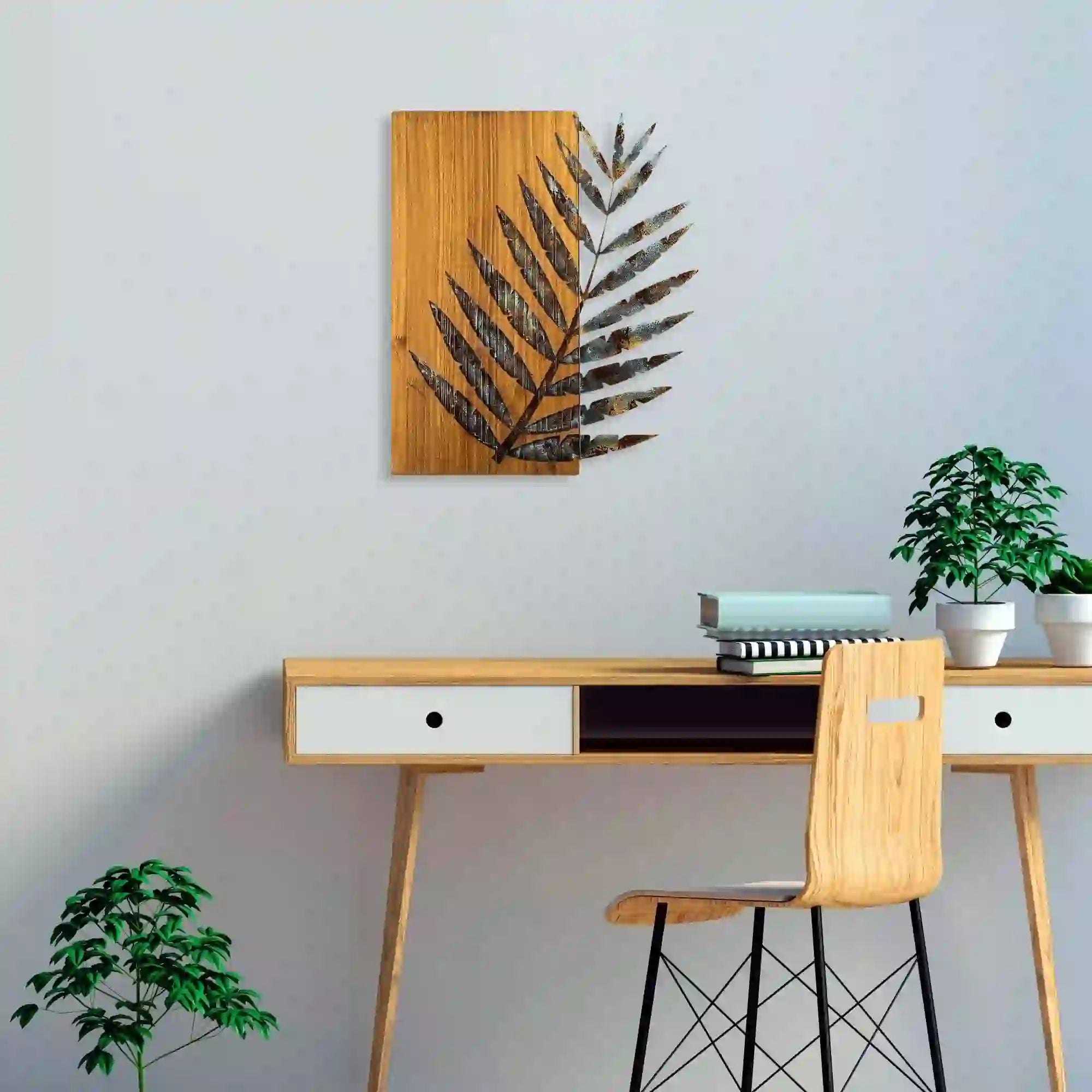 Decoratiune perete LEAF 3-1, stejar/maro/auriu, metal/lemn, 58x3x50 cm