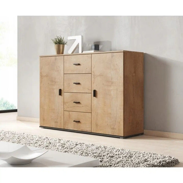 Comoda UNI, stejar/negru, PAL laminat, 132x38x92 cm