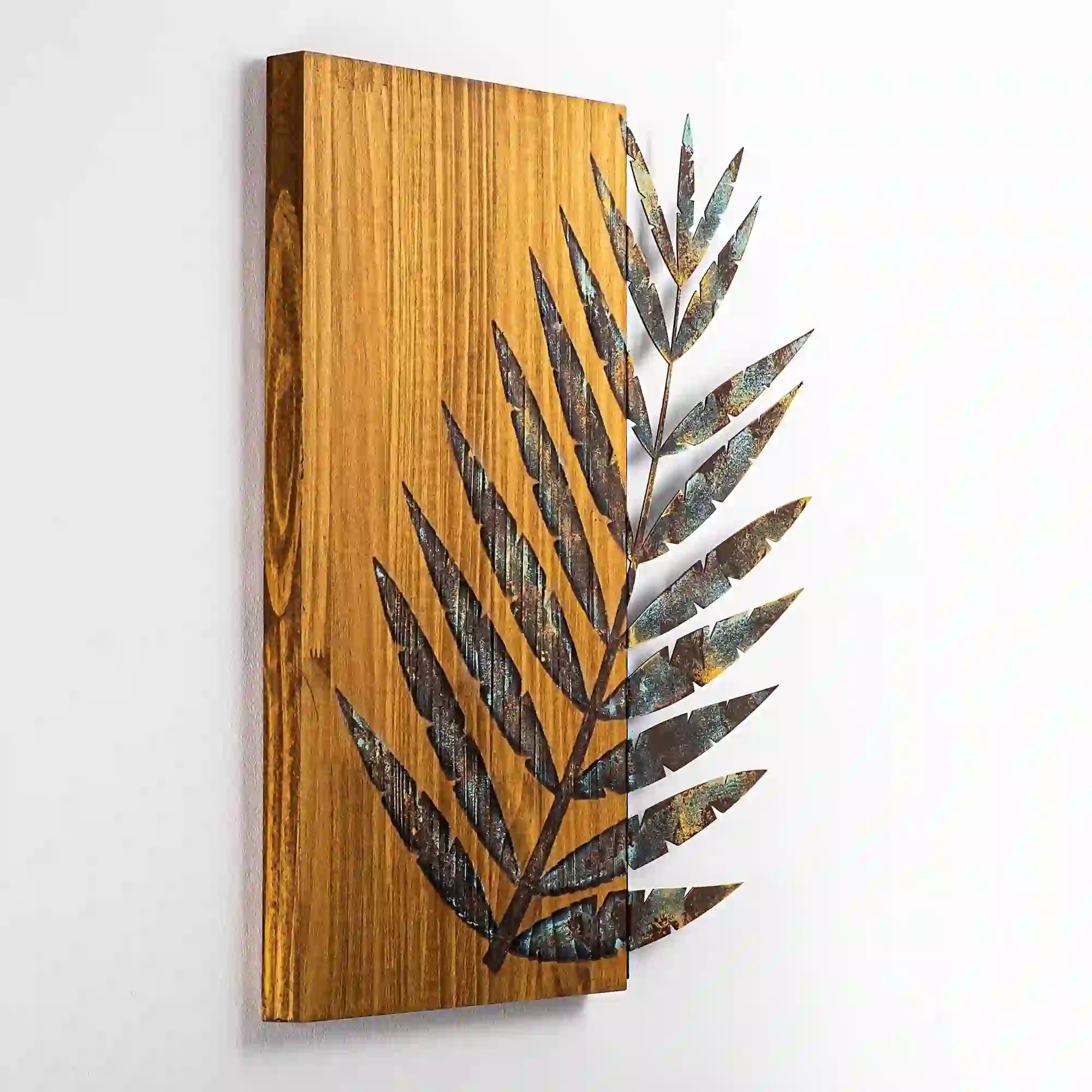 Decoratiune perete LEAF 3-1, stejar/maro/auriu, metal/lemn, 58x3x50 cm