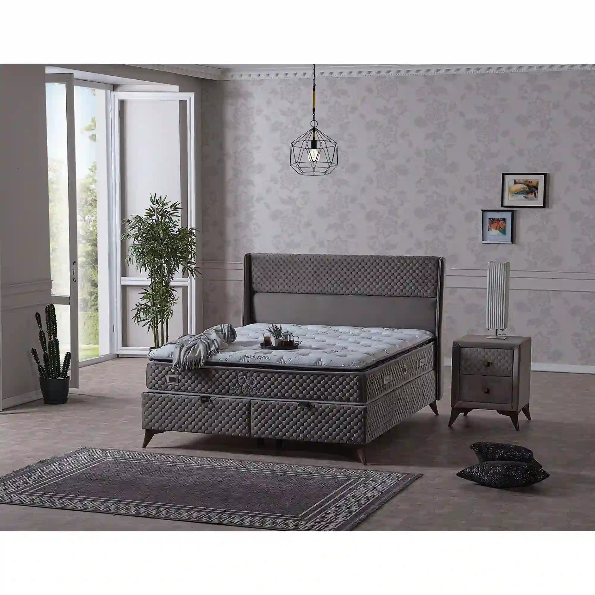 Pat BIO BALANCE 120x200, stofa catifelata gri - Zen Z1188, cu somiera si spatiu depozitare