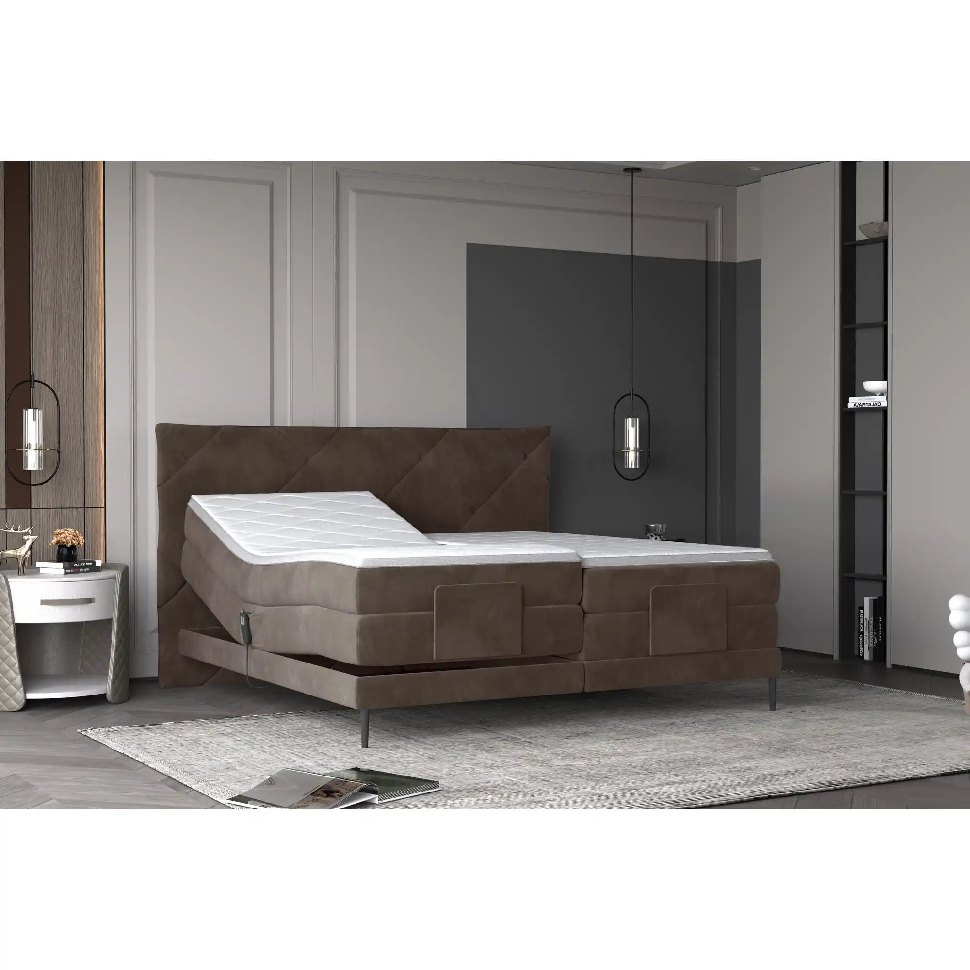 Pat boxspring NOEL 160x200, personalizabil materiale Gama Premium, cu mecanism electric, saltele si topper
