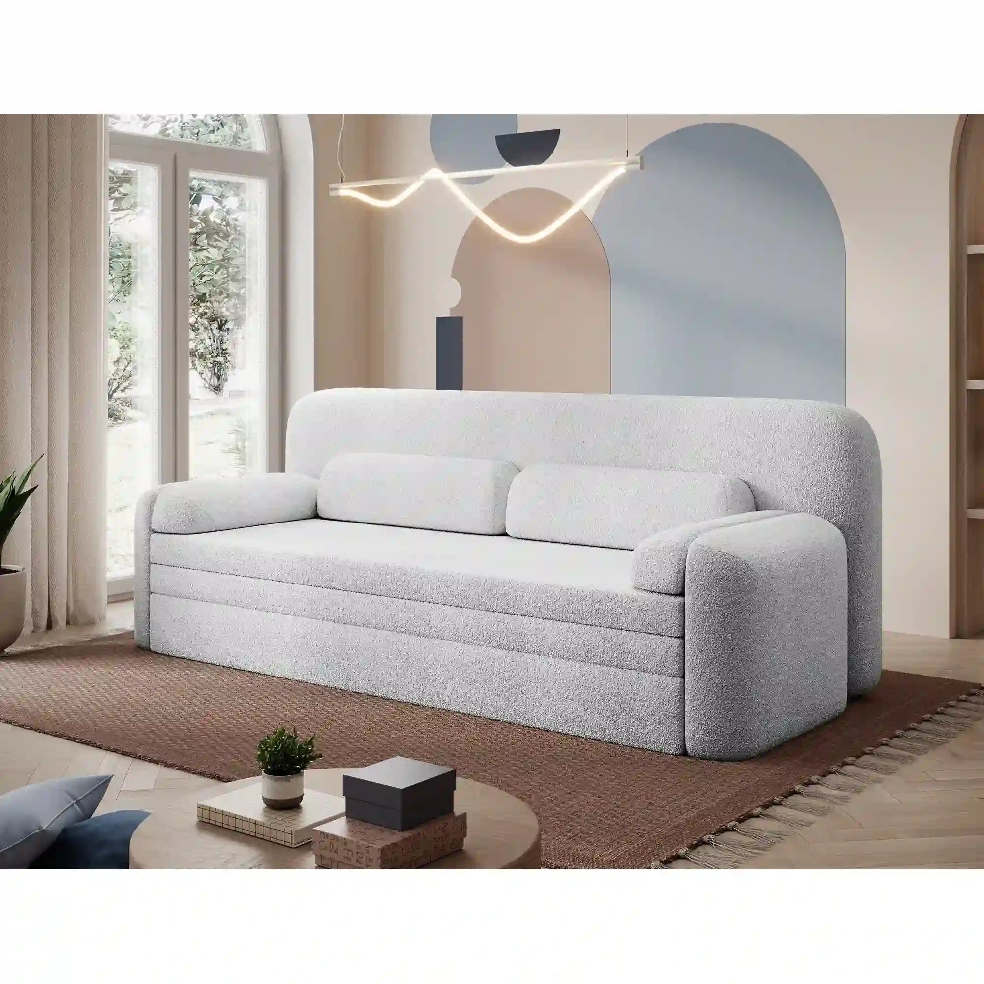 Canapea extensibila ELIOSS, stofa clasica alb - Royal 01, cu spatiu depozitare, 236x89x87 cm