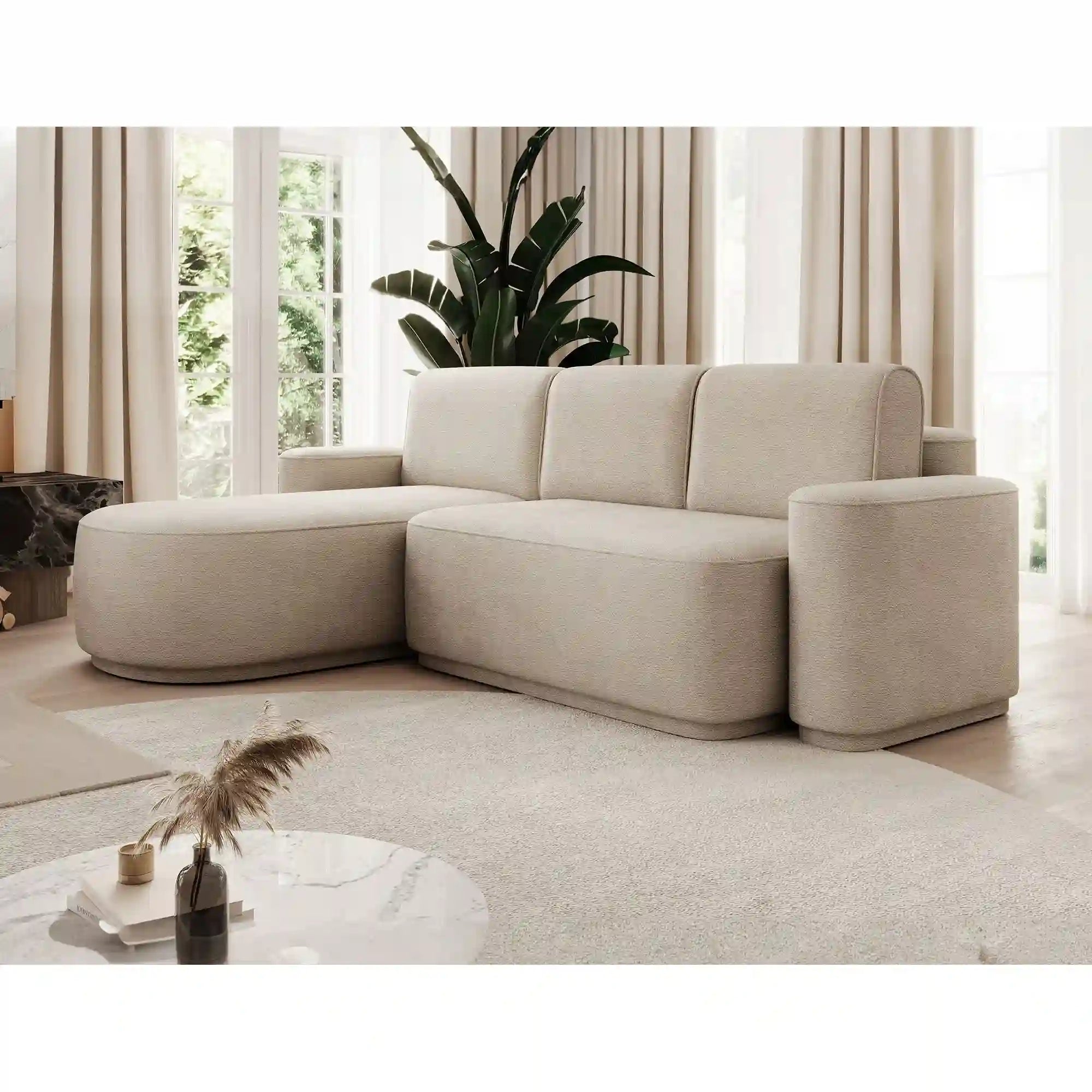 Coltar extensibil AURUMM, sezlong stanga, stofa catifelata bej - Touch 18, cu lada depozitare, 285x180x92 cm