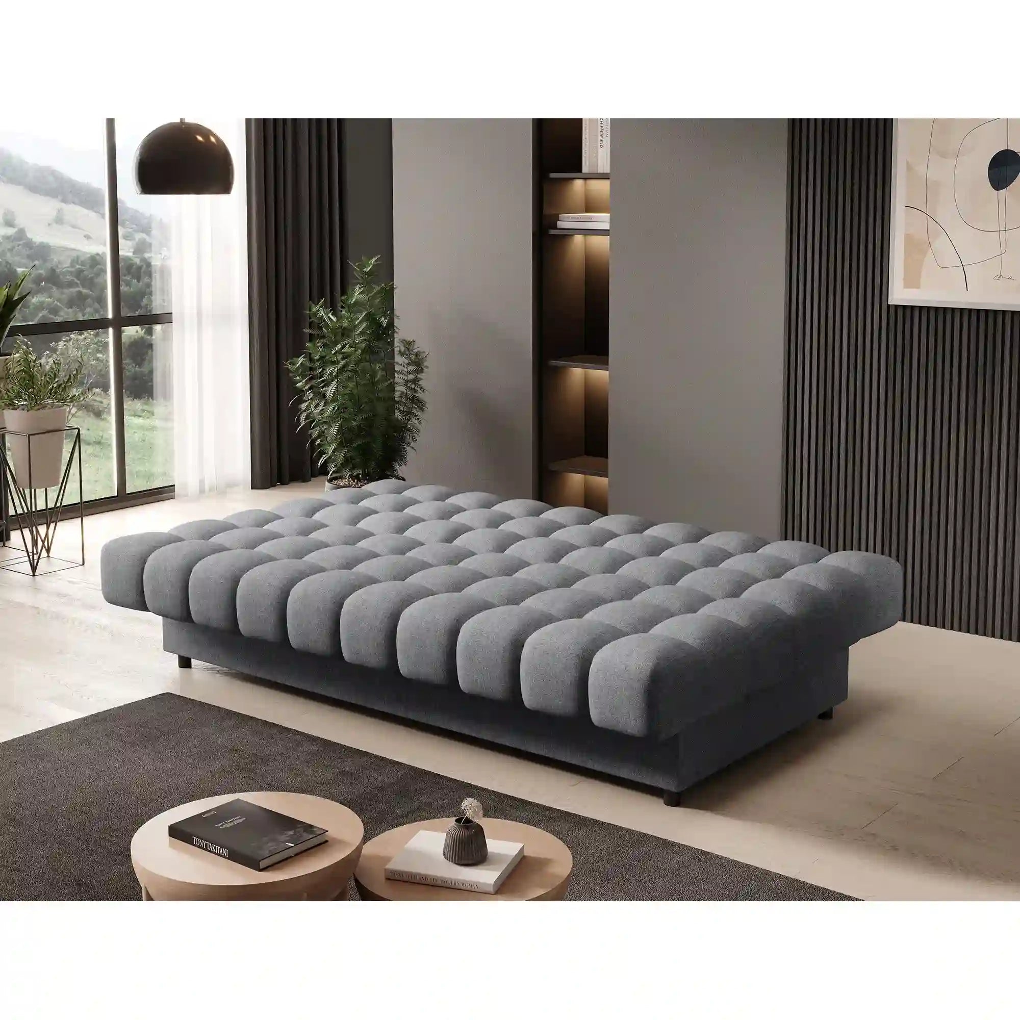 Canapea extensibila CLARETA, stofa clasica gri - Poco 04, cu spatiu depozitare, 197x95x96 cm