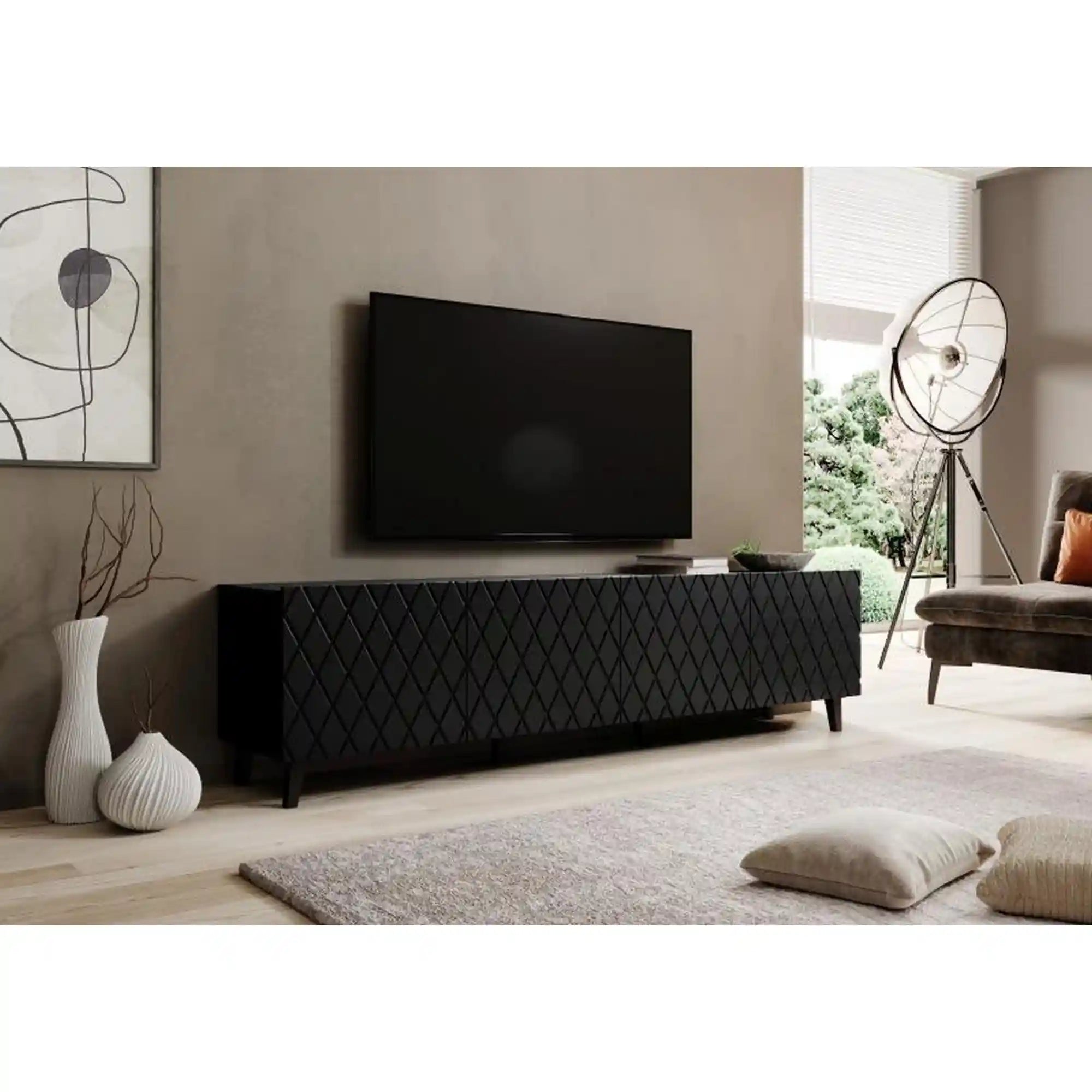 Comoda TV ASTI, negru, PAL laminat/plastic, 200x42x52 cm