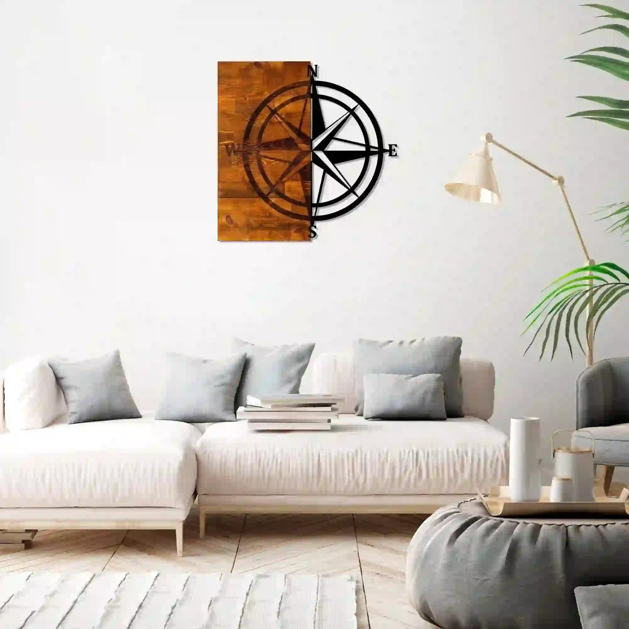 Decoratiune perete PUSULA, nuc/negru, lemn/metal, 58x58 cm