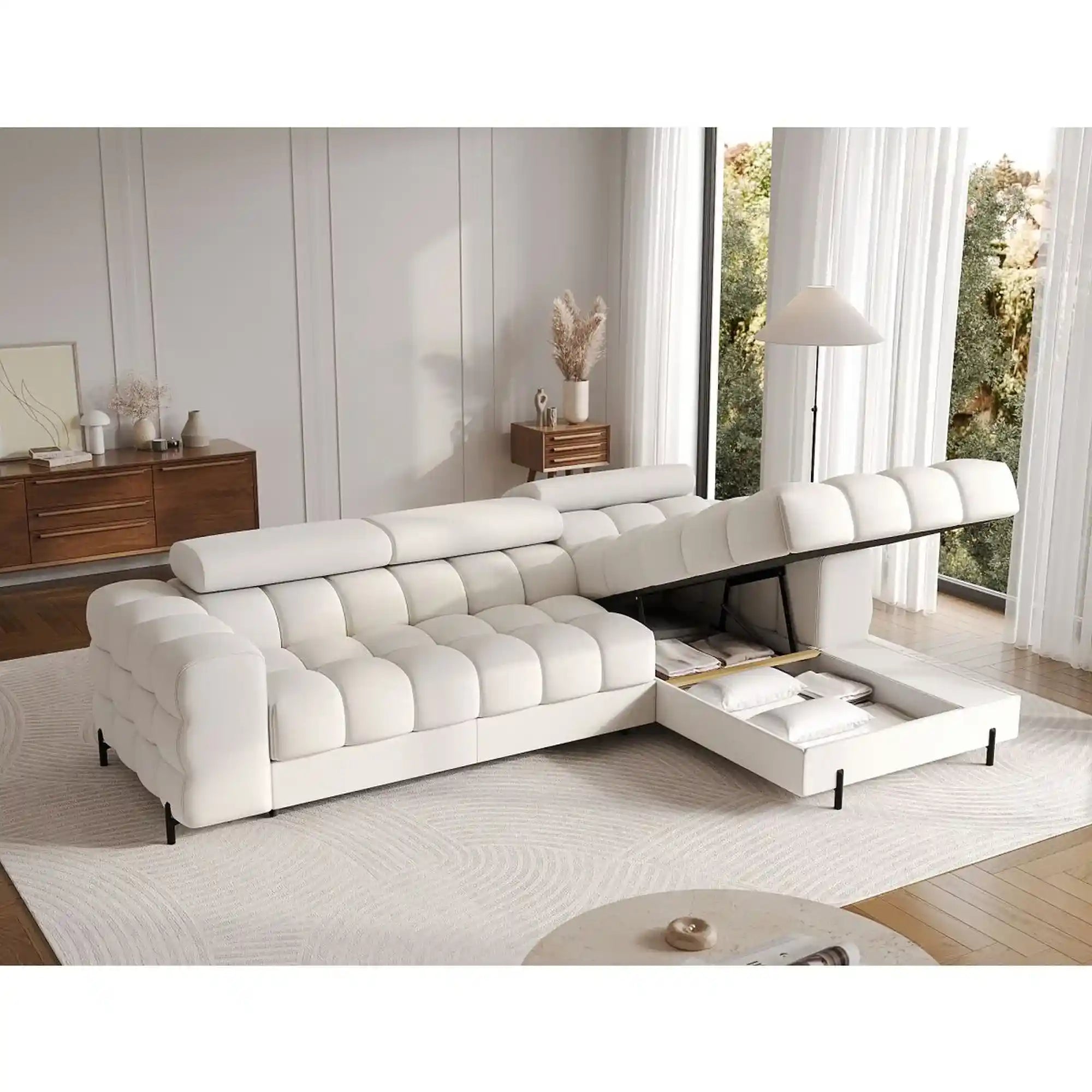 Coltar extensibil FELRO, sezlong dreapta, stofa clasica alb - Royal 01, cu lada de depozitare si tetiere reglabile, 285x181x93 cm