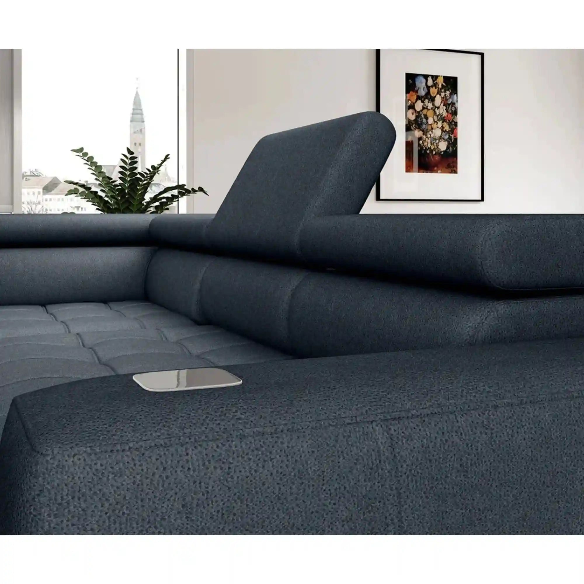 Coltar BAGGIO, sezlong dreapta, stofa catifelata mov lila - Monolith 62, cu reglaj electric, lada depozitare, incarcator wireless si tetiere reglabile, 280x196x100 cm