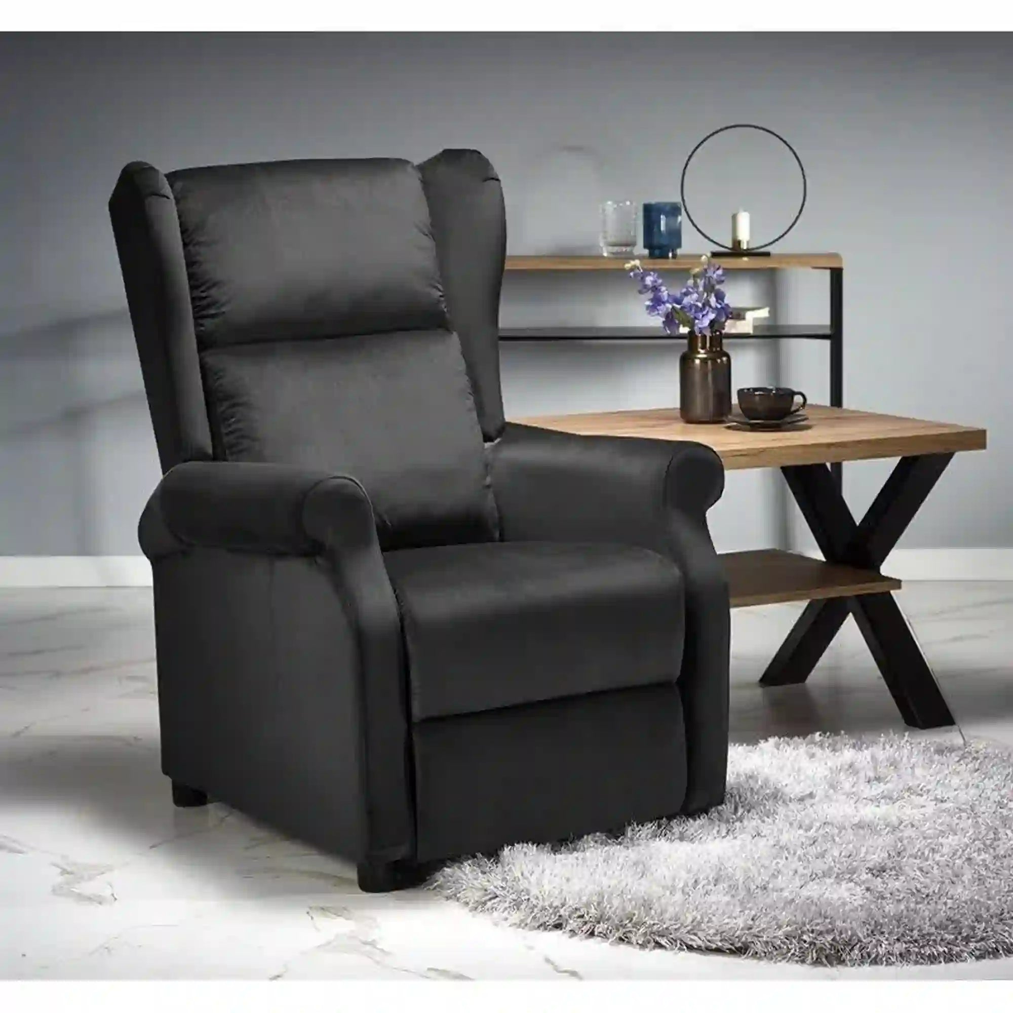 Fotoliu recliner AGUSTIN 2, negru, stofa catifelata/lemn, 75x92/160x83/107 cm