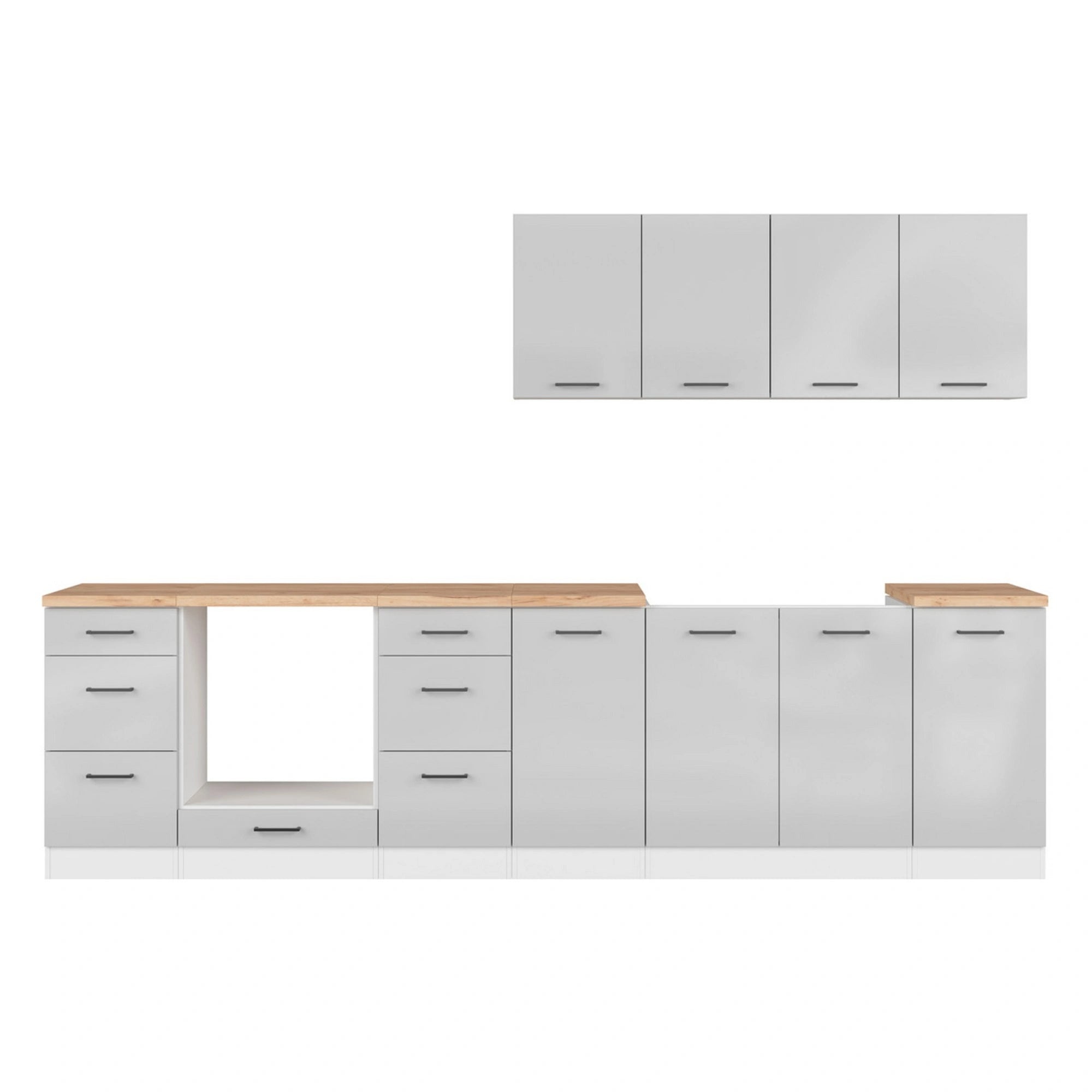 Set bucatarie JUNONA LINE, gri deschis/alb, PAL, 300 cm, cu blat stejar artisan